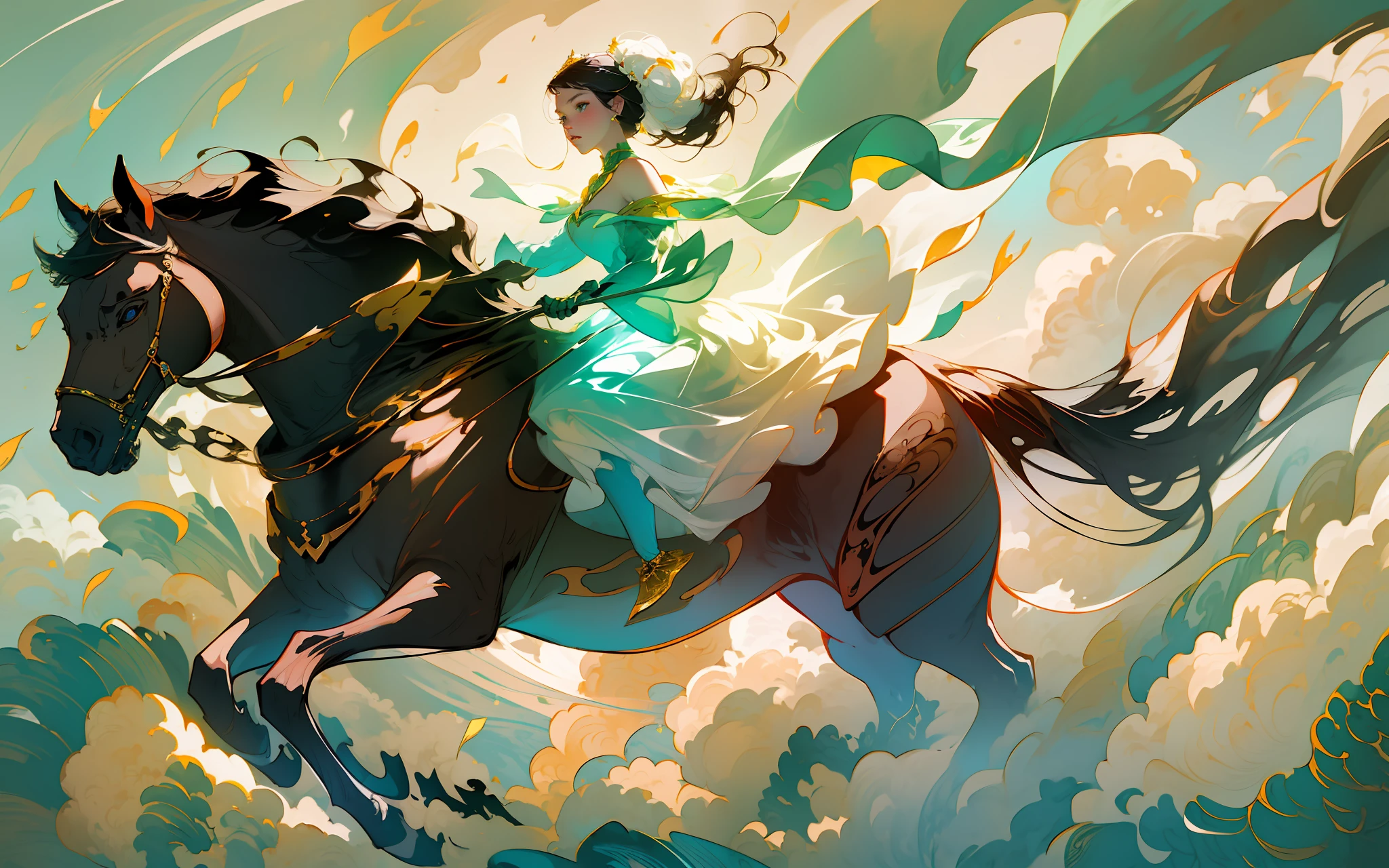 a princess in intricate flowing gilded vests, riding a beautiful horse, over a vast field of wild flowers, petals in the air, (ink painting style, clean color, ink style, blending, decisive cutting, white space:1.3), freehand, sublime shapes, highly detailed, epic composition, highest quality, antique