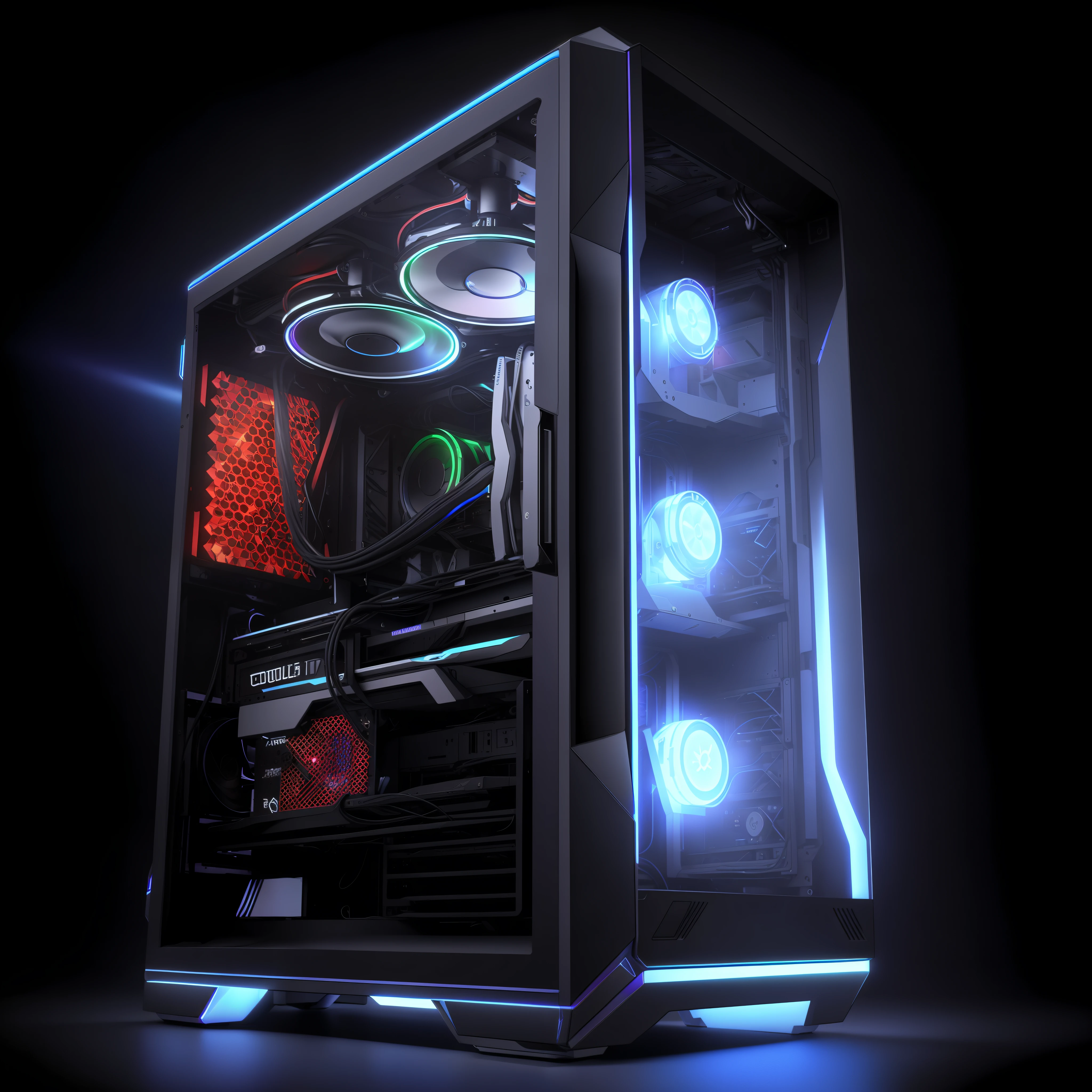 a close up of a computer case with three fans on it, gaming pc case, gaming pc, pc gaming, gaming computers, rgb, rtx, custom computer, rgb ethereal lighting, detailed wide shot, 8k computer render, led gaming, liquid cooled desktop, sgi iris graphics, liquid cooling, pc, vibrant and dynamic