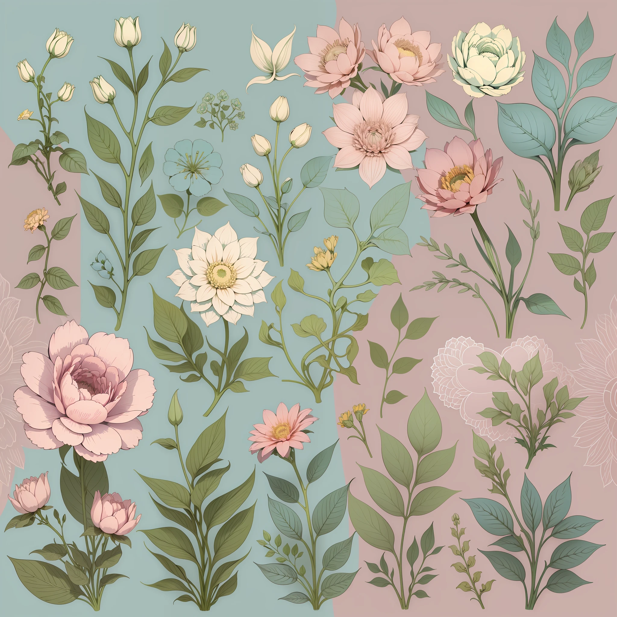 Set pattern of large flowers with plants and vines, defined shape, flat style, vector style, drawing style, naïve style, wallpaper style, in soft pastel colors such as old pink, pastel blue, light blue, beige, pastel violet, pastel yellow and white. No shadows in the images.
