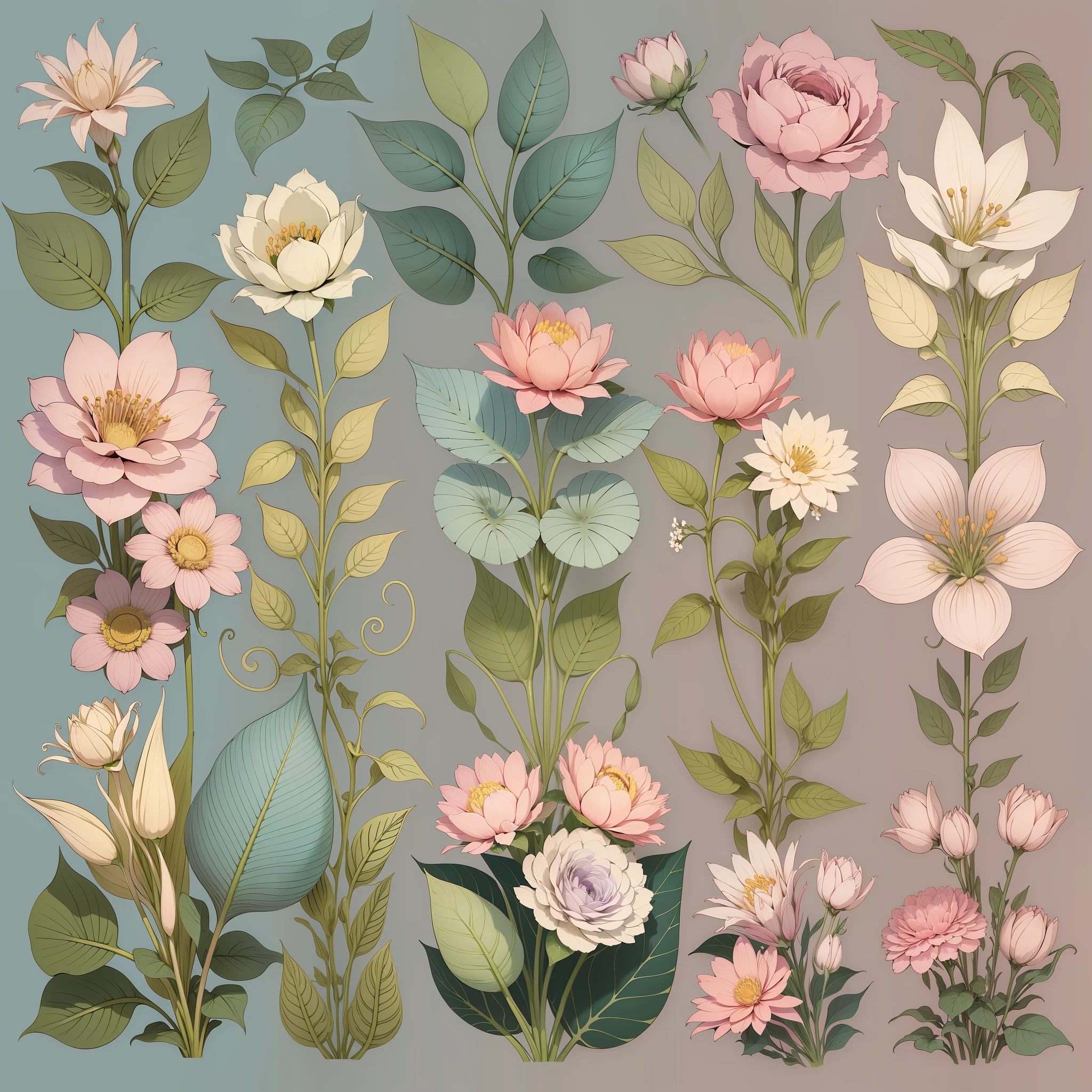 Set pattern of large flowers with plants and vines, defined shape, flat style, vector style, drawing style, naïve style, wallpaper style, in soft pastel colors such as old pink, pastel blue, light blue, beige, pastel violet, pastel yellow and white. No shadows in the images.