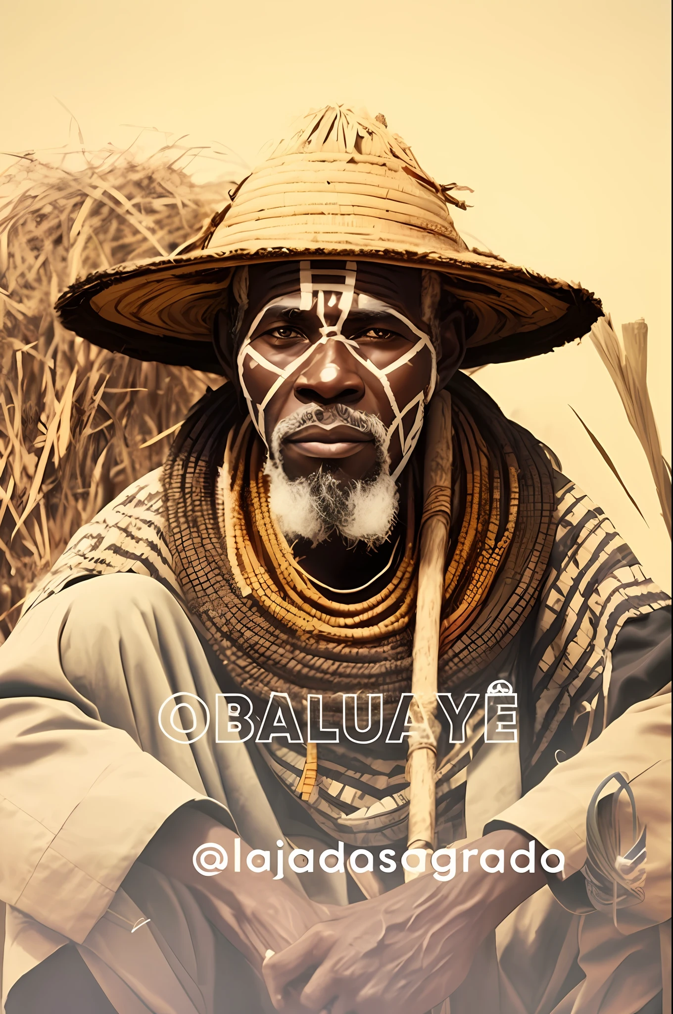 arafed man with a straw hat and face paint sitting in front of a pile of hay, yoruba body paint, african man, alternate album cover, african facial features, album art, album, indigenous man, an oldman, himba, new album cover, adebanji alade, afrofuturism style, olbivion, inspired by Edward Okuń --auto --s2
