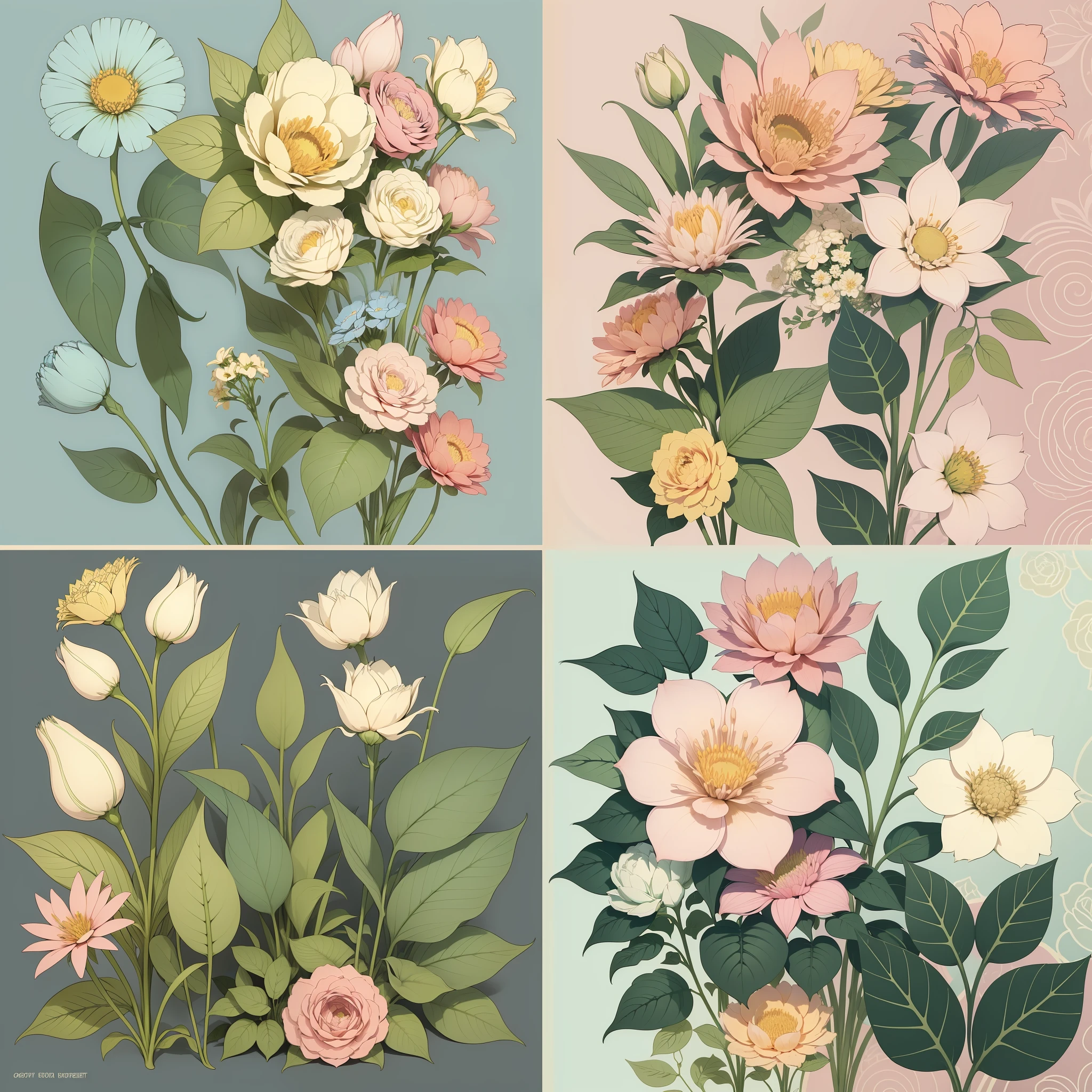 Set pattern of large flowers with plants and vines, defined shape, flat style, vector style, drawing style, naïve style, wallpaper style, in soft pastel colors such as old pink, pastel blue, light blue, beige, pastel violet, pastel yellow and white. No shadows in the images.