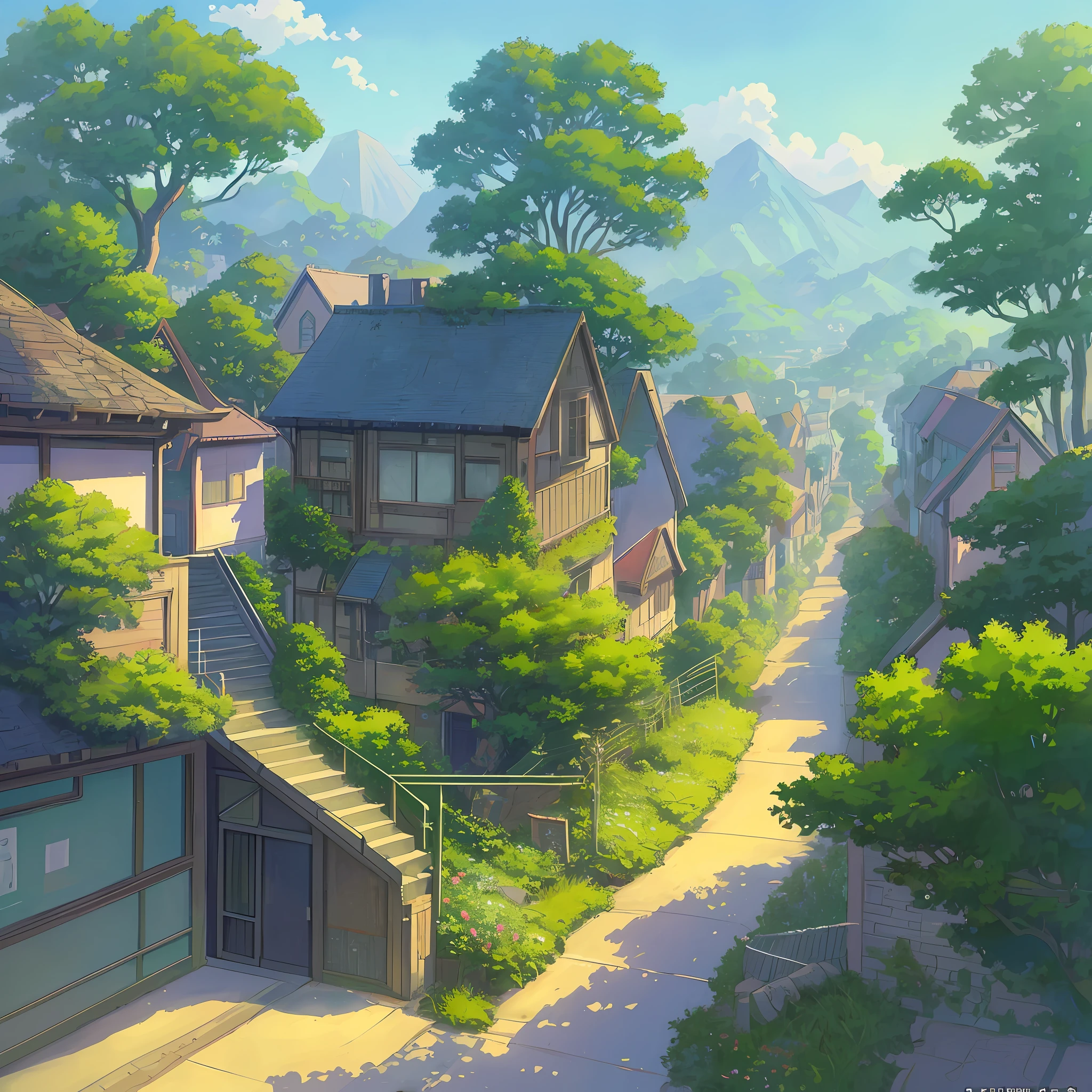 City painting with a lot of nature, street lined with houses, anime background art, relaxed concept art, anime landscape concept art, highly detailed scene, beautiful artwork illustration, detailed landscape, highly detailed scene, environmental design illustration, beautiful anime scene, Ghibli studio style, anime landscape, detailed soft painting, Environmental Painting