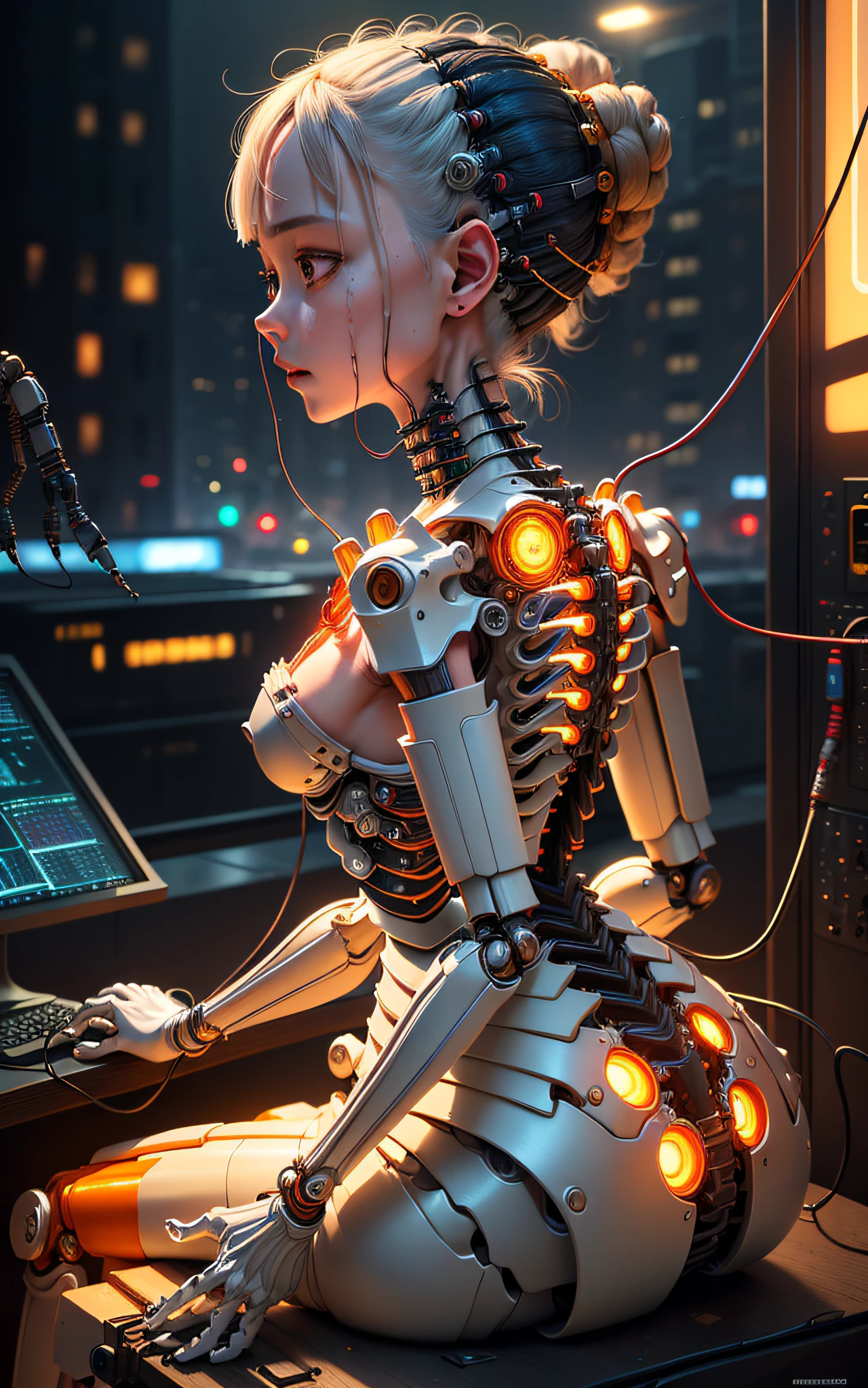 (((masterpiece))), (((best quality))), ((ultra-detailed)), (highly detailed CG illustration), ((an extremely delicate and beautiful)),(from side),cinematic light,((1mechanical girl)),solo,half body,(machine made joints:1.2),((machanical limbs)),(blood vessels connected to tubes),(mechanical vertebra attaching to back),((mechanical cervial attaching to neck)),(sitting),expressionless,(wires and cables attaching to neck:1.2),(wires and cables on head:1.2)(character focus),science fiction,city background, extreme detailed,colorful,highest detailed,(face shadow (extra detailed,best performance)), laser eyes (detailed red))fire in holes of hands)