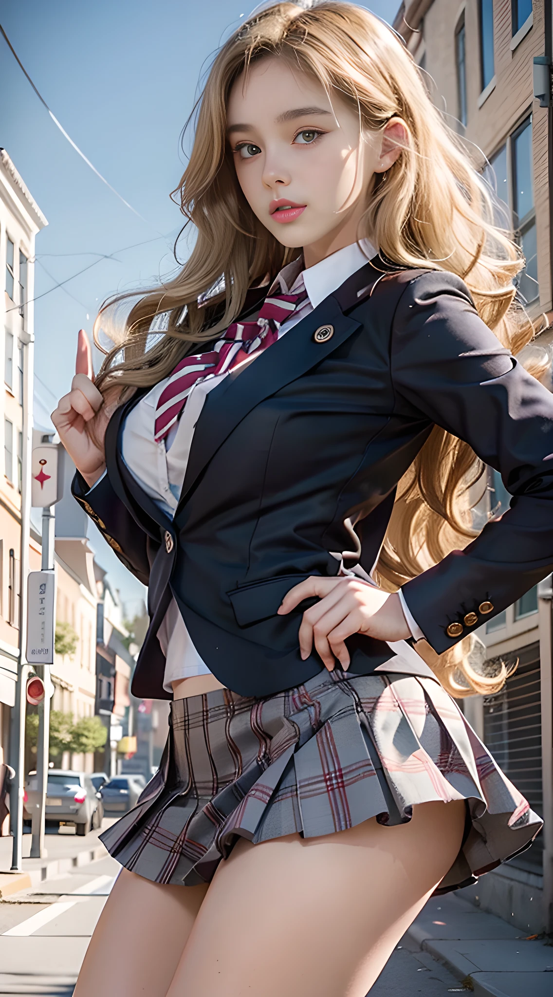 voluptuous body, beautiful face, photogenic , 3D, Blazer uniform, long blonde hair in curls, hands raised, schoolyard, lips, high school student, schoolyard, school uniform, real, shiny skin, beautiful delicate face, beautiful delicate eyes , Mini Skirt , Multiple People