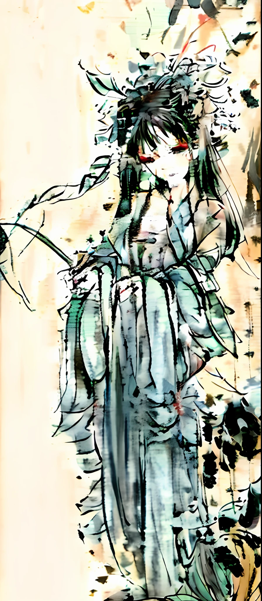 ((4k,masterpiece,best quality)), shuimobysim, traditional chinese ink painting, lotus, hanfu, maxiskit, dress conservatively 1girl, solo, long blue hair, smile, standing, feet in the water, barefoot,