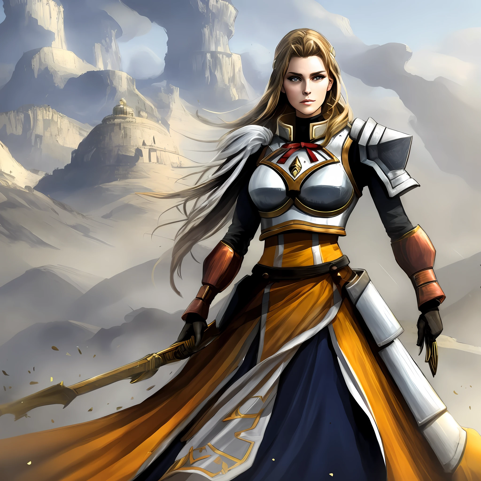 Tall beautiful woman in armor in war scenario