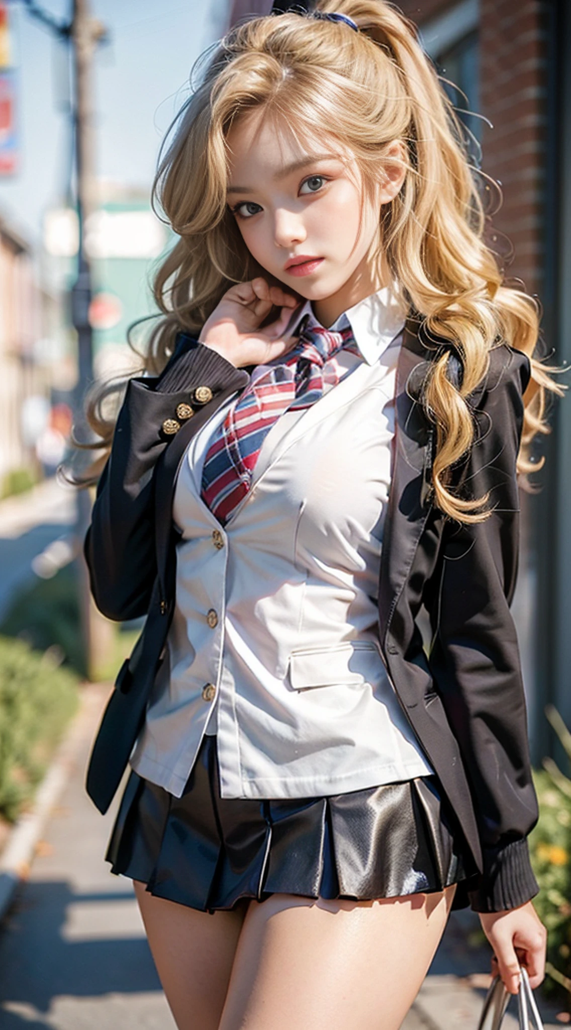 voluptuous body, beautiful face, photogenic , 3D, Blazer uniform, long blonde hair in curls, hands raised, schoolyard, lips, high school student, schoolyard, school uniform, real, shiny skin, beautiful delicate face, beautiful delicate eyes , Mini Skirt , Multiple People