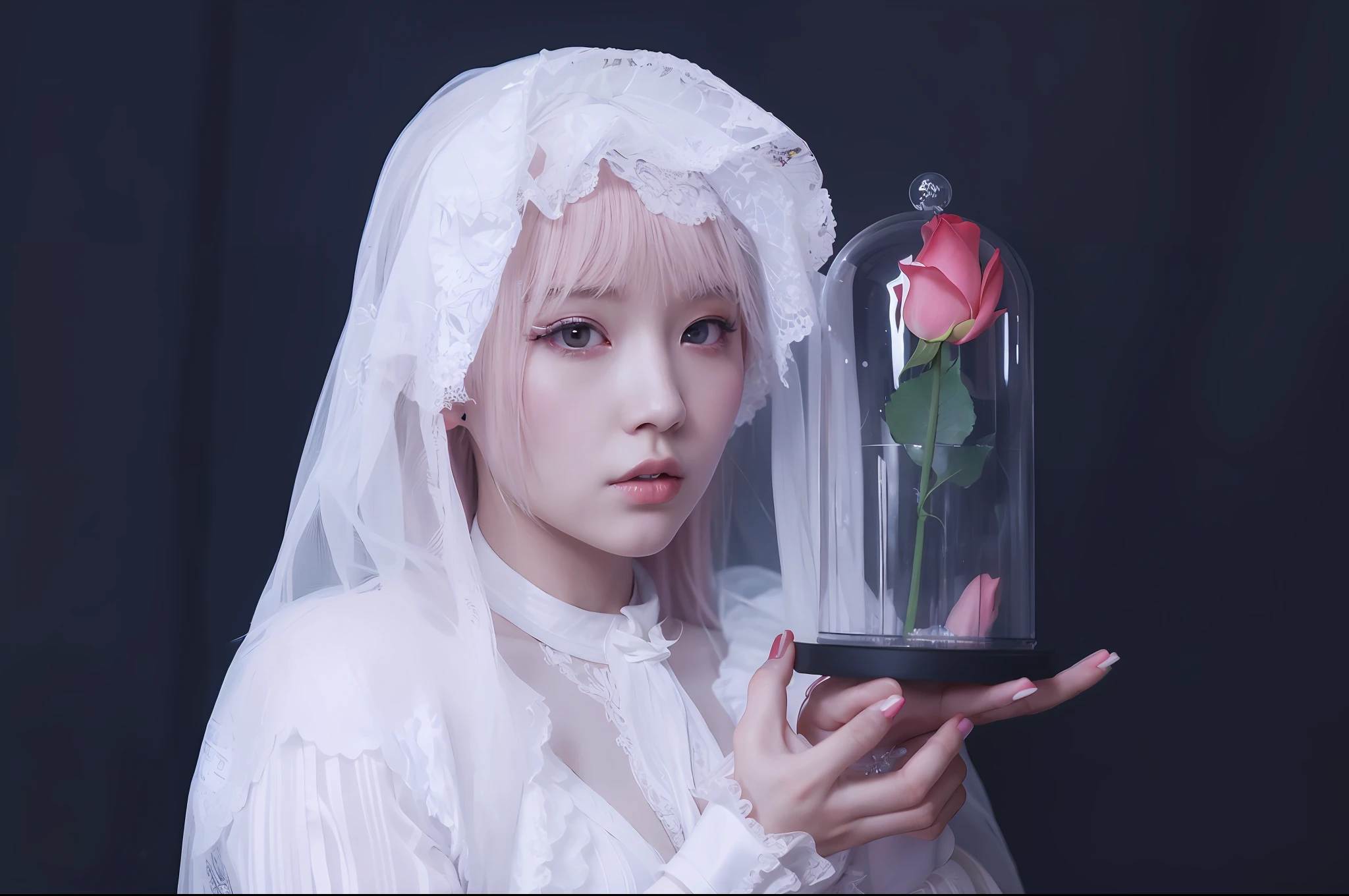there is a woman in a white dress holding a glass dome with a rose in it, portrait of jossi of blackpink, portrait a woman like reol, yanjun chengt, pale young ghost girl, portrait of magical ta girl, inspired by Yanjun Cheng, captured on canon eos r 6, ulzzang, guweiz, holding a rose
