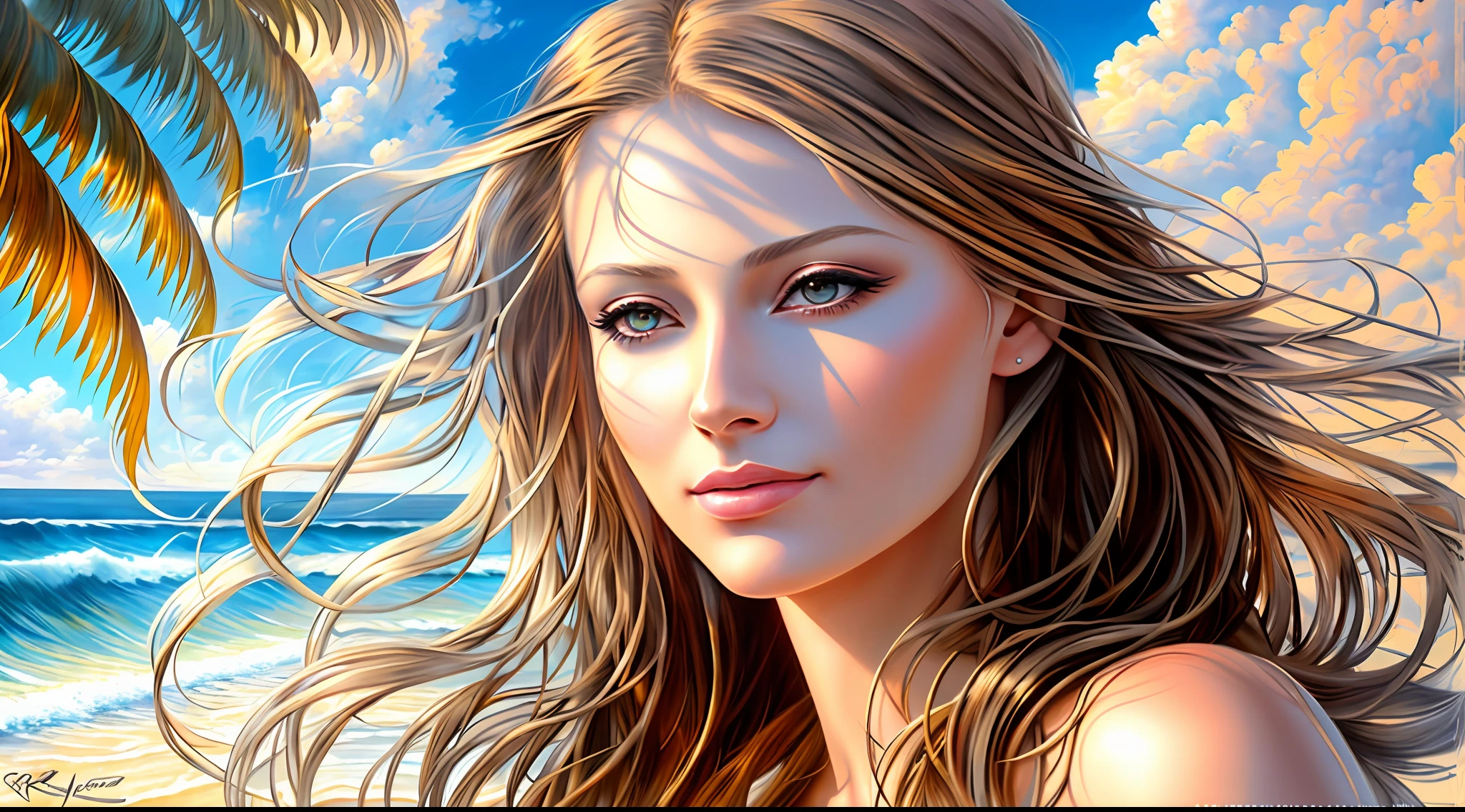 a painting of a woman with long hair on a beach, karol bak uhd, airbrush digital oil painting, photorealistic beautiful face, airbrush on canvas, hyperrealistic beautiful face, soft airbrushed artwork, detailed painting 4 k, oil painting of realistic woman, digital airbrush painting, detailed beautiful portrait, beautiful art uhd 4 k, photorealistic portrait