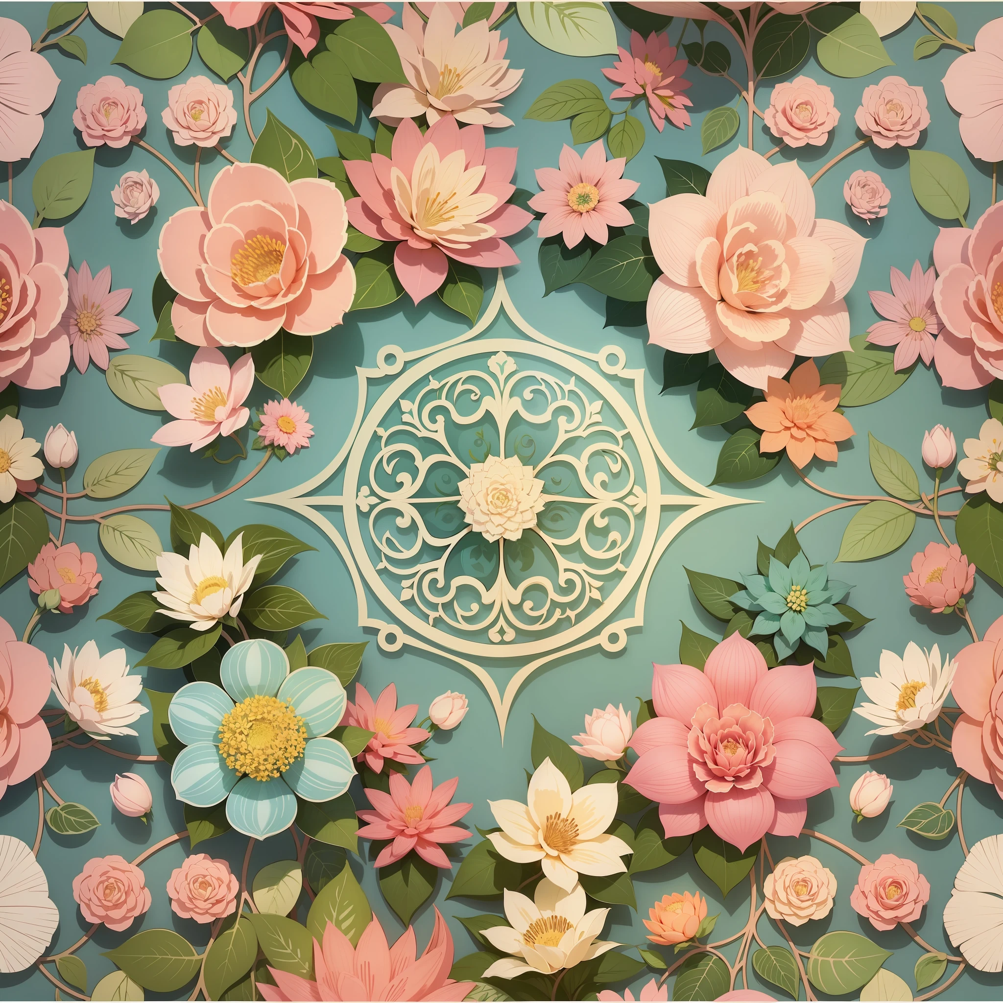Large flower set pattern with plants and vines, defined shape, flat style, vector style, drawing style, naïve style, wallpaper style, in soft pastel colors such as old pink, pastel blue, pastel light blue, light blue, beige, pastel violet, pastel yellow and pastel white. No shadows in the images.
