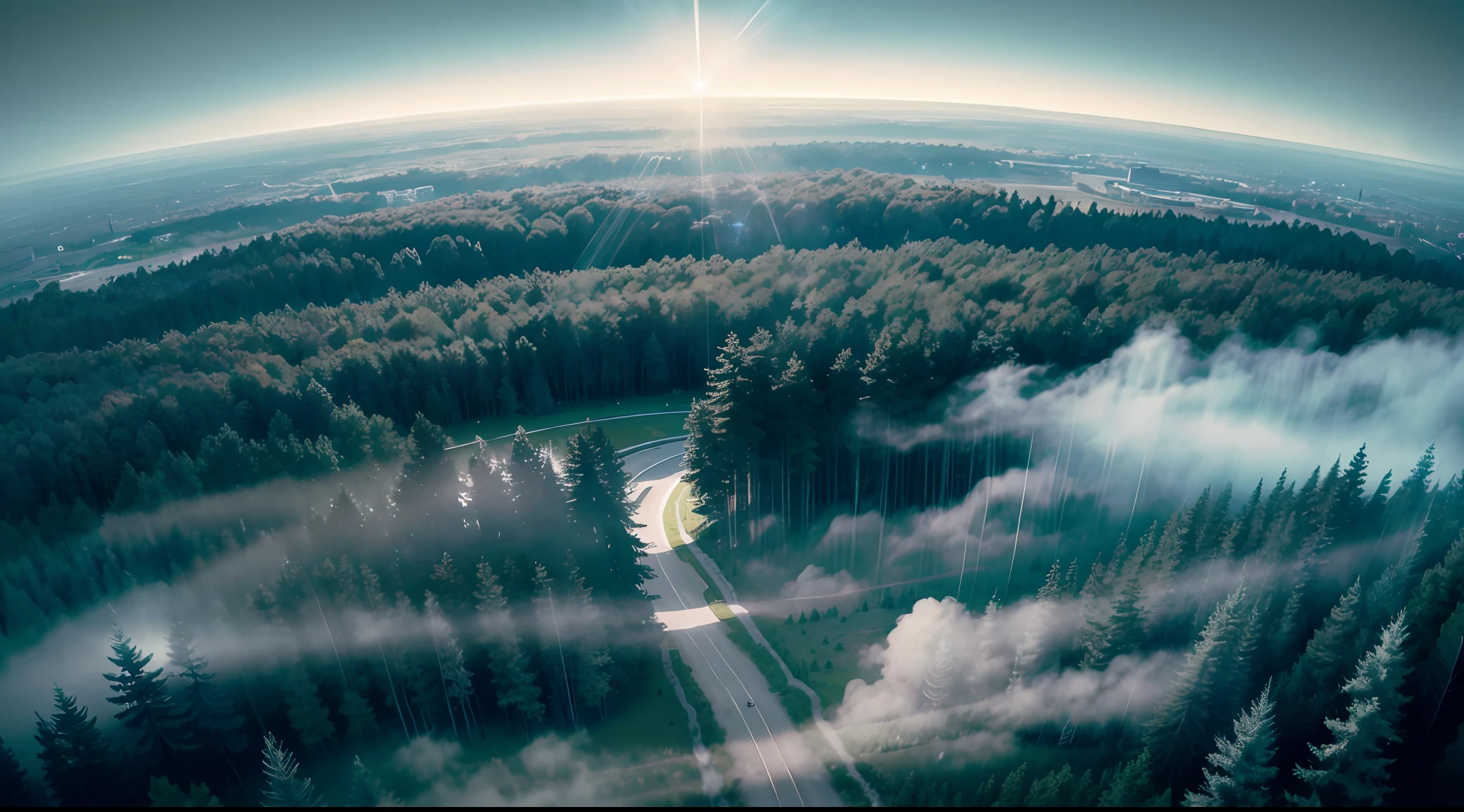 Realistic photo, high detail, cinematic lighting, rays of light, volumetric fog, high quality masterpiece, 4k, a sense of monumentality, a modern city in the forest. Huge trees, large field of view, fisheye effect, lens distortion at the edges. Prism effect, curved perspective, monochromatic world, using cool shades. --auto --s2