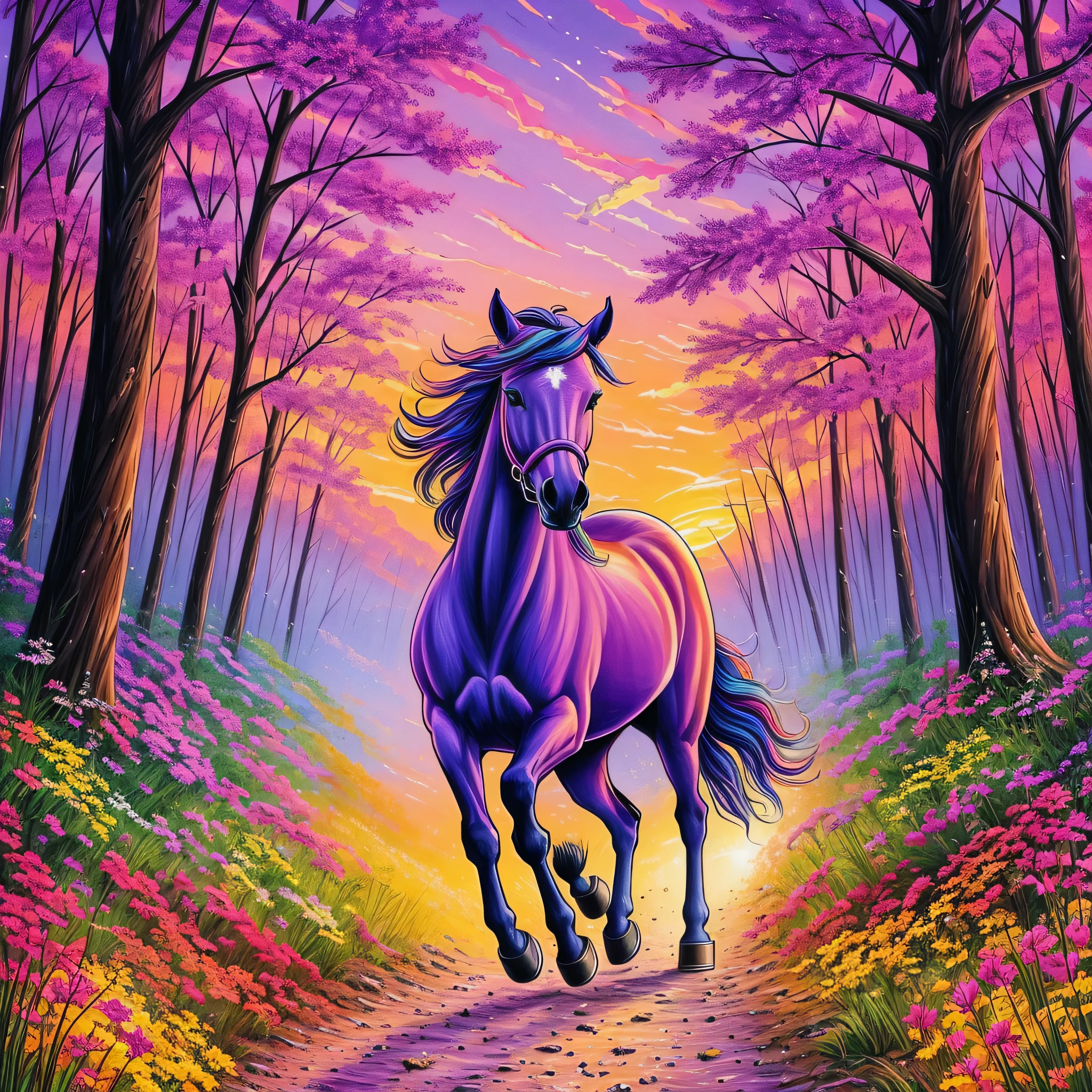 painting of a horse running in a forest with a sunset behind it, horse, colorful image, jen bartel, unicorn, colorful, beautiful, beautiful image, digital horse, phone wallpaper hd, horses, colored, iphone wallpaper, bojack horseman, wallpaper mobile, phone wallpaper, art of alessandro pautasso, hd phone wallpaper, iphone background, beautiful art --auto --s2