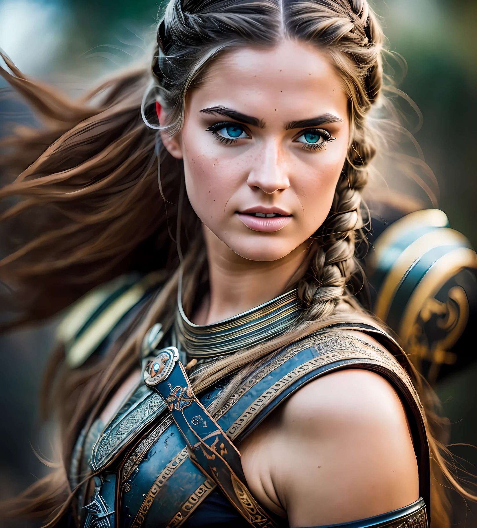 An epic photography of a Valkyrie woman warrior ona horse riding into the battlefield, intense action, cinematic rim light, intense action, dynamic juxtaposition, young warrior, very high quality face, exploitable image, long windy hair, stylized dynamic folds, very rustic and beautiful woman, full focus, tiltshift, ethereal, cinematic, movie still, cinematic lighting, photograph, detailed symmetric realistic face, extremely detailed natural texture, peach fuzz, long hair, masterpiece, absurdres, nikon d850 film stock photograph, kodak portra 400 camera f1.6 lens, extremely detailed, amazing, fine detail, hyper realistic lifelike texture, dramatic lighting, unrealengine, trending on artstation, cinestill 800 tungsten, looking at the viewer, photo realistic, RAW photo, TanvirTamim, high quality, highres, sharp focus, extremely detailed, cinematic lighting, 8k uhd,-imagine- --auto --s2
