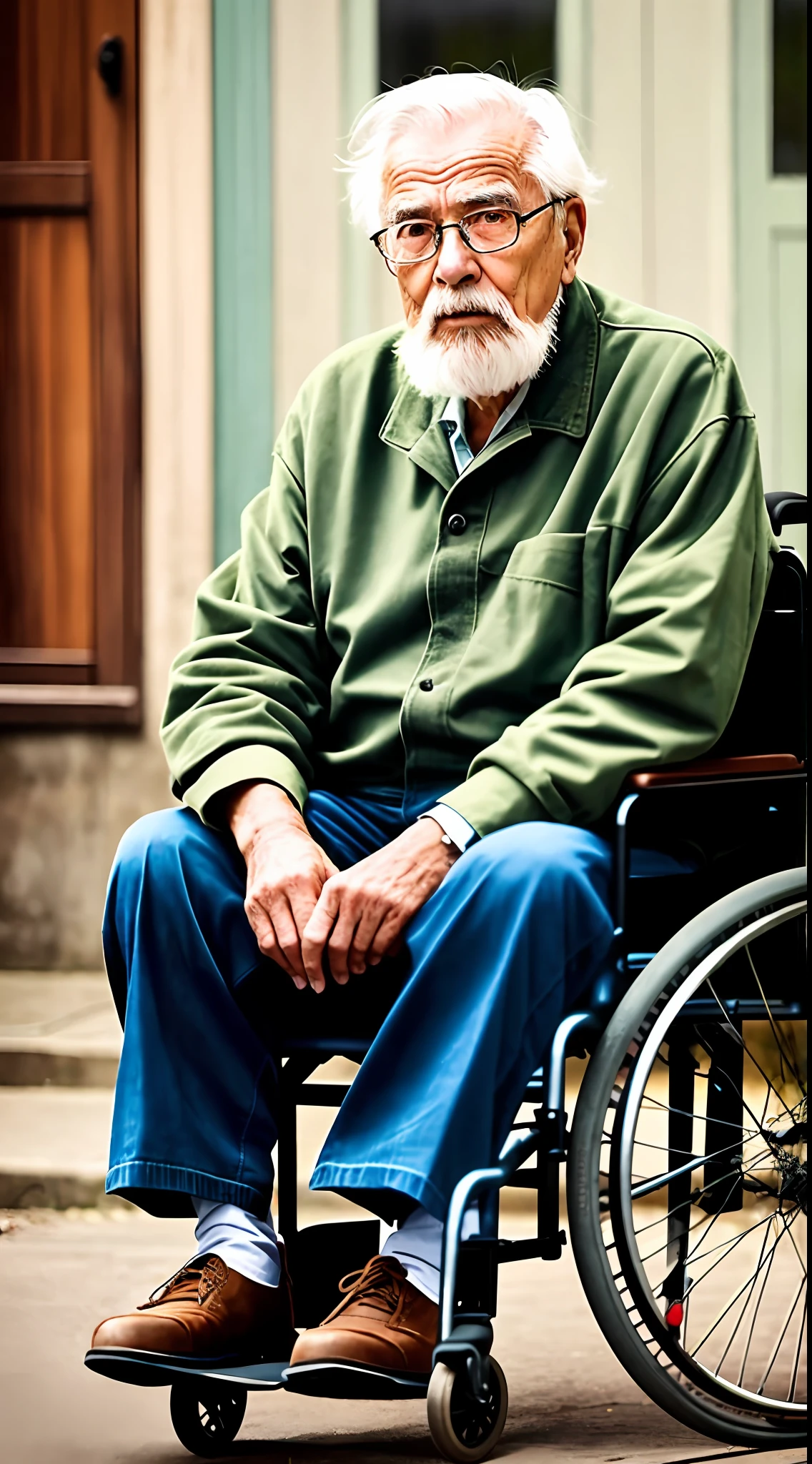 Create an image of an old man sitting in a wheelchair