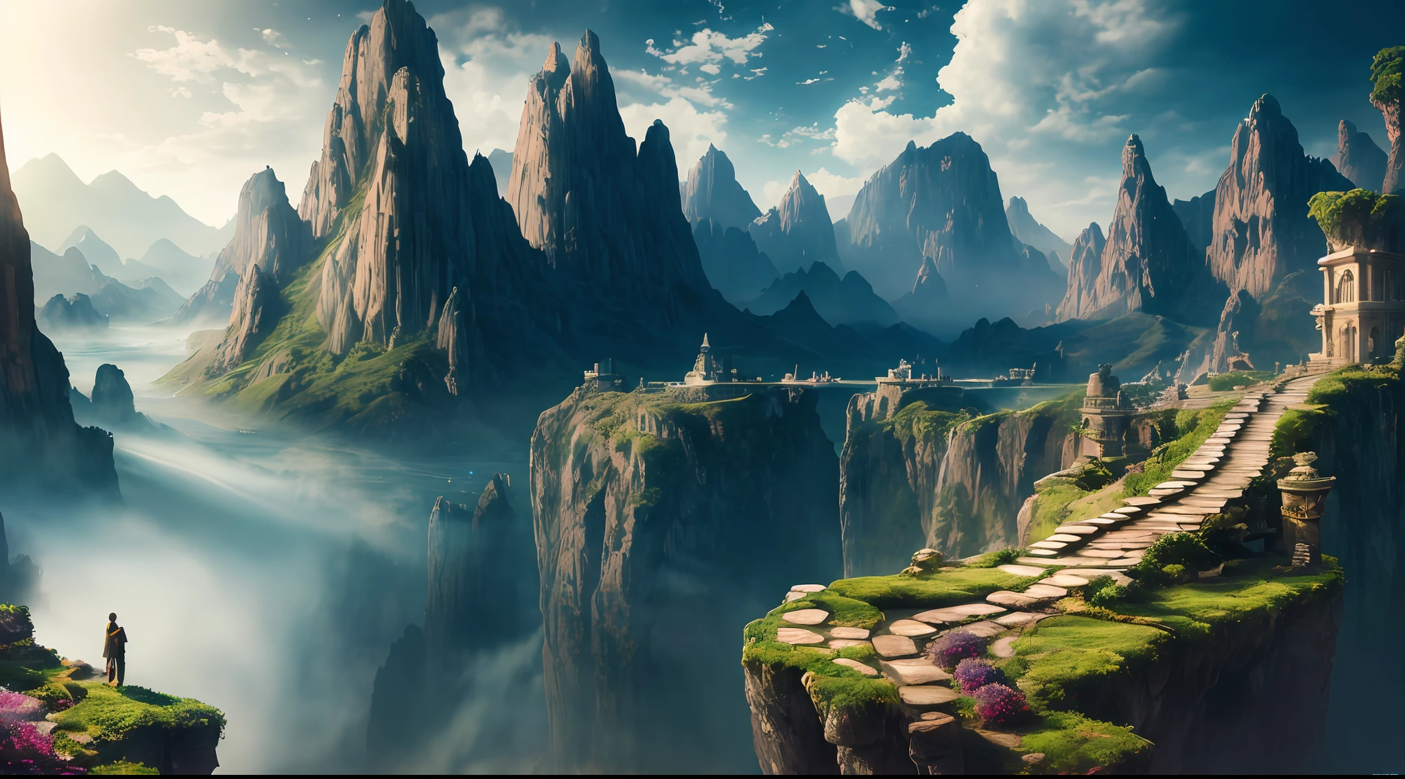 Masterpiece, best quality, high quality, extremely detailed CG unity 8k wallpaper, landscape, outdoor, sky, clouds, sky, no humans, mountain, landscape, water, tree, blue sky, waterfall, cliff, nature, lake, river , cloudy skies, award winning photography, bokeh, depth of field, HDR, bloom, chromatic aberration, photorealism, very detailed, trending on artstation, trending on CGsociety, intricate, high detail, dramatic, half way art