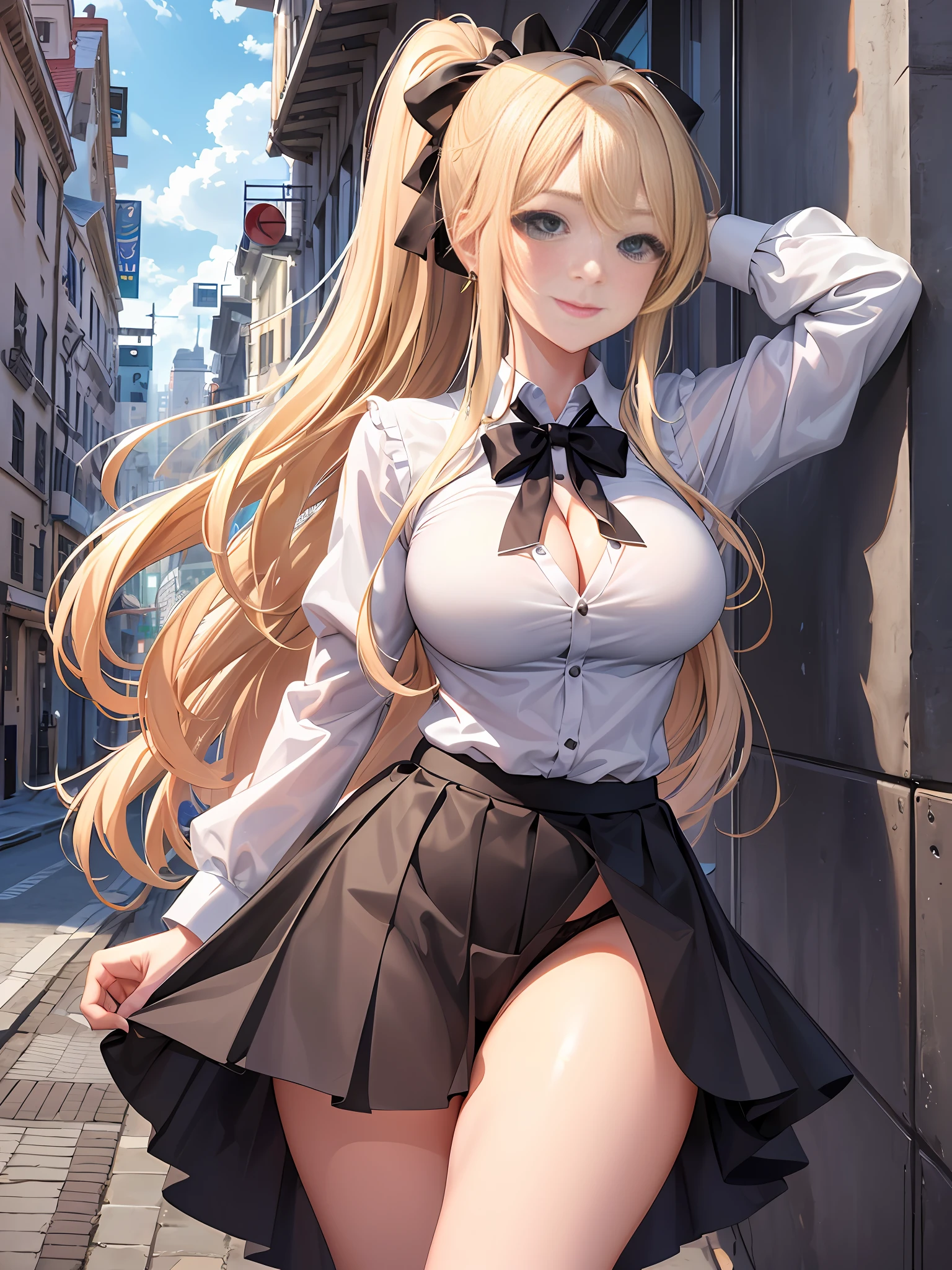 Masterpiece, Best Quality, Official Art, (Highly Detailed CG Unity 8k wallpaper), Detailed background, (Hands by Guido Daniele: 1.1), Feet out of frame, First Person View, 1, Attractive and perfect beautiful woman, Schoolgirl, JK, Schoolgirl uniform, spring, cherry, wind blowing, (((Flipping skirt, panties visible))), ( Curvaceous), ( White thighs: 1.12), ( Blonde Long Hair: 1.12), (Ahoge: 1.13), (High Ponytail: 1.12), (Green Eyes: 1.13), Look at the Beholder, Big, (cleavage), Beautiful Face, (Blush: 1.11), (Smile: 1.11)