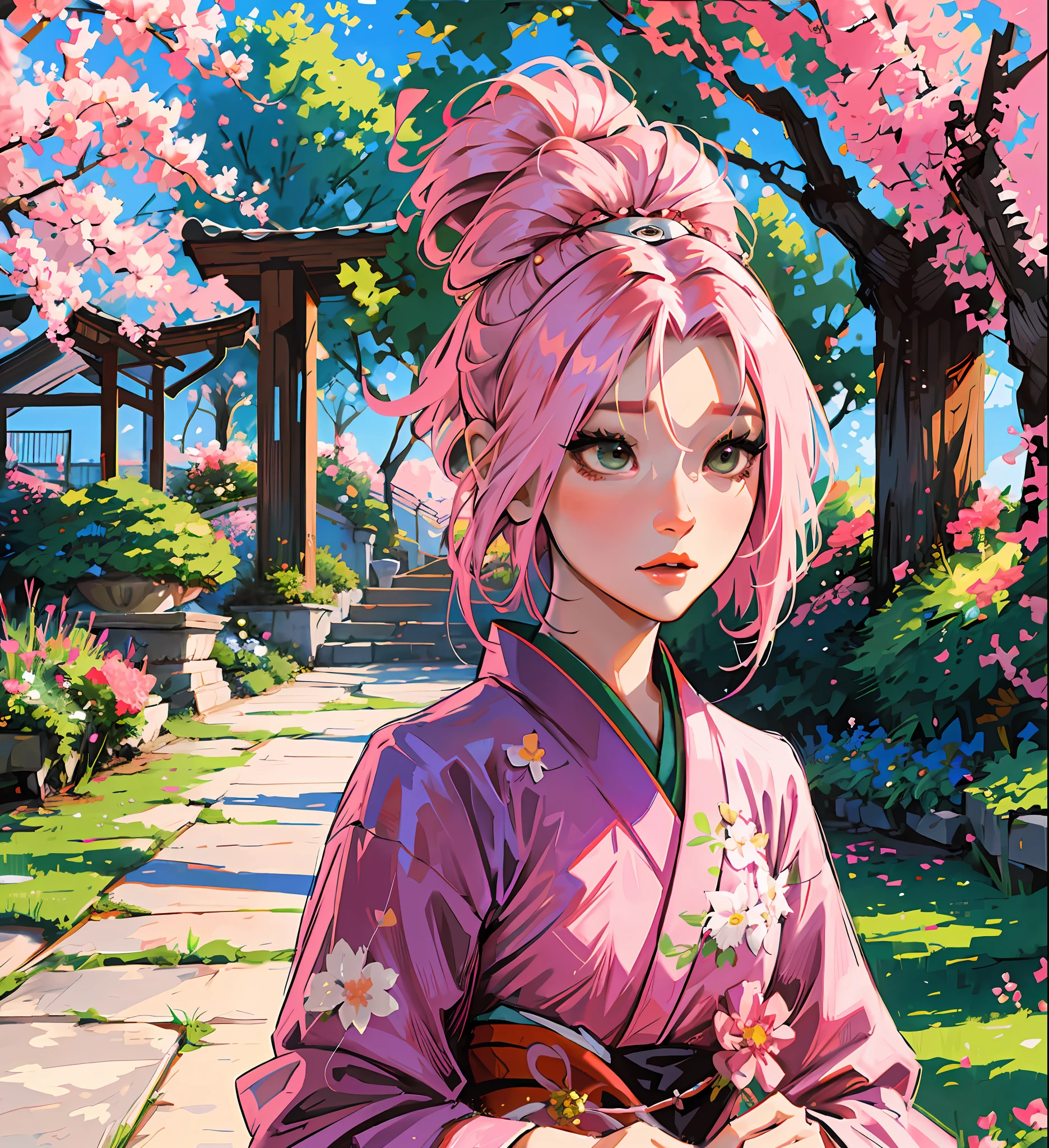 Sakura haruno, IN A GARDEN, WEARING A KIMONO, Sakura's hair is pink and short, there is nothing on her head, no adornment, whole body, her body is thin and graceful, her outfit is red, the image is charming and spectacular and there is depth in the scene, it is exciting, she is delicate,
