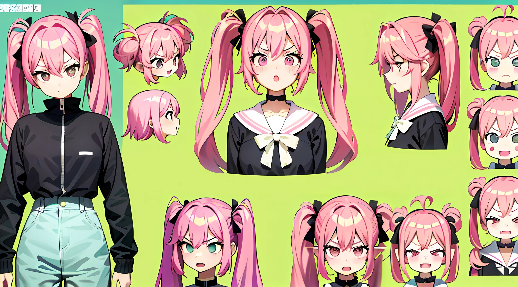 best quality,1girl, pink hair, twintails, same character in multiple sets of expressions, (happy, sad, surprised, angry, serious,laughter,), simple background, emoji as illustration set, manga style,dynamic poses, related characters, comic strip