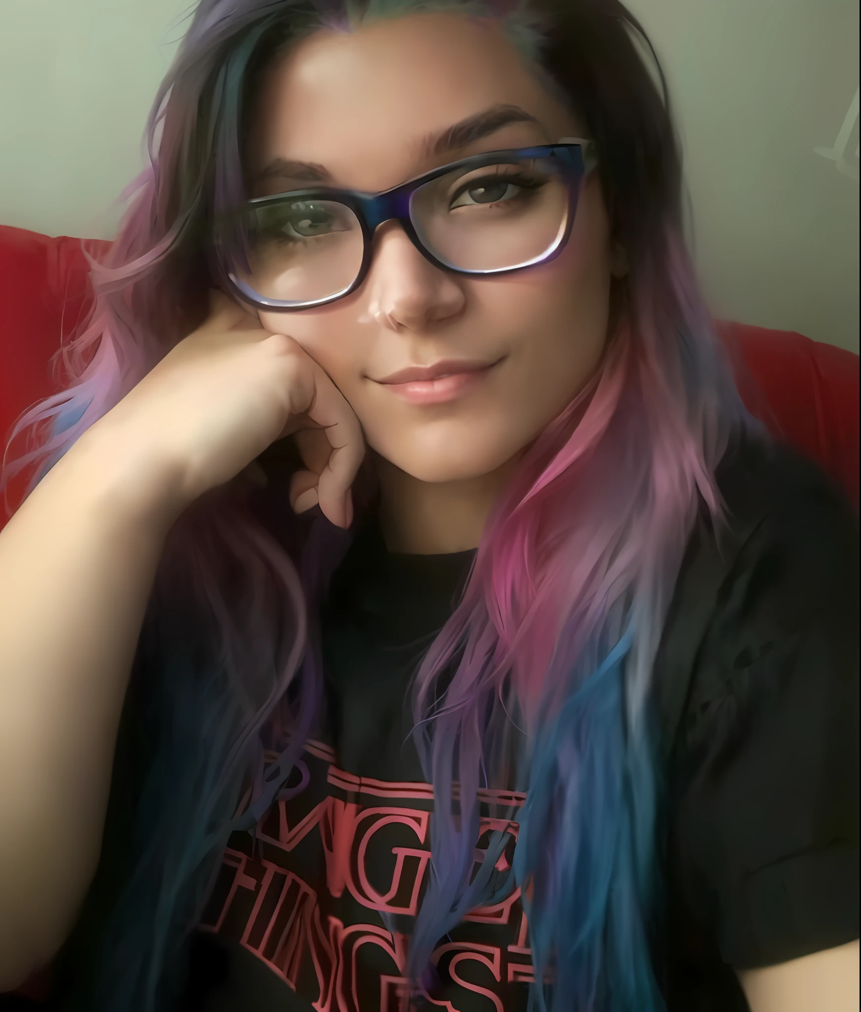 arafed woman with glasses and a black shirt sitting on a red couch, pink and blue hair, dyed hair, blue and pink highlights, blue and purple hair, red blue purple black fade, colored hair, blue and red hair, gradient hair, half and half dye, she has purple hair, purple and pink hair, with blue hair, dye hair, blue hair