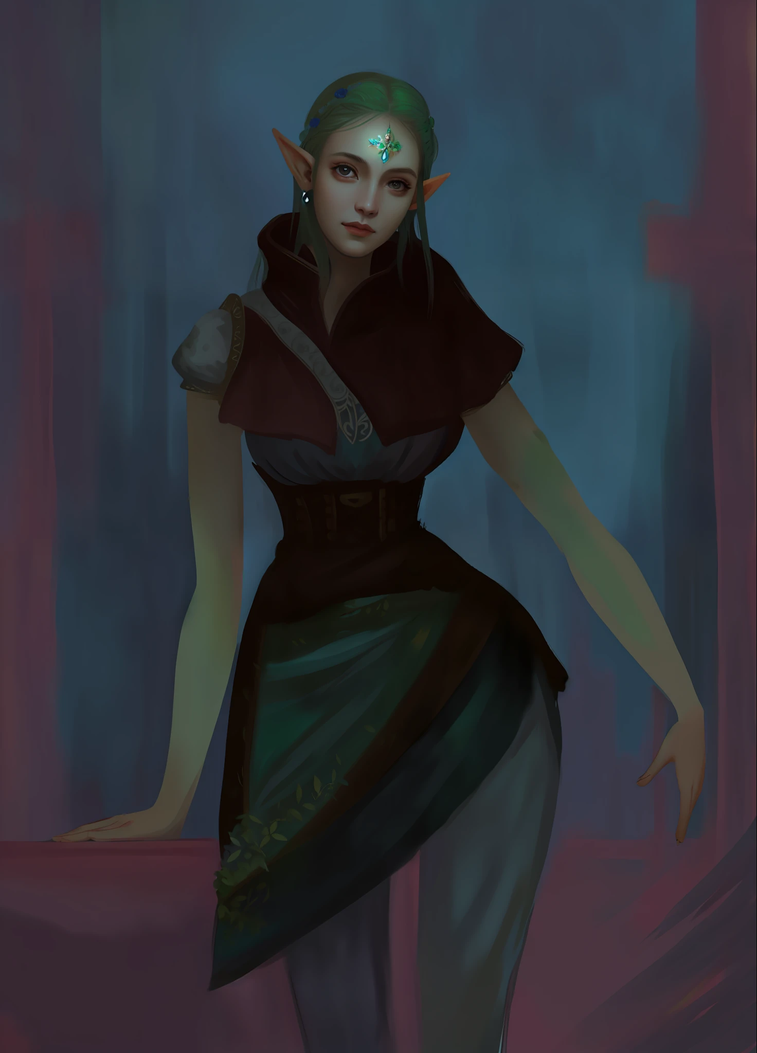 Hyper detailed painting portrait of a gorgeous elf woman, standing in an old dungeon, floating in the sky, meadow, dancing, holding flowers, playful smile, perfect quality, clear focus (clutter-home: 0.8), (masterpiece: 1.2), (Realistic: 1.2), (Bokeh), (Best quality), (Detailed skin: 1.3), (Intricate details), (8K), (Detail total black Eyes), (Sharp Focus), mysterious ambience