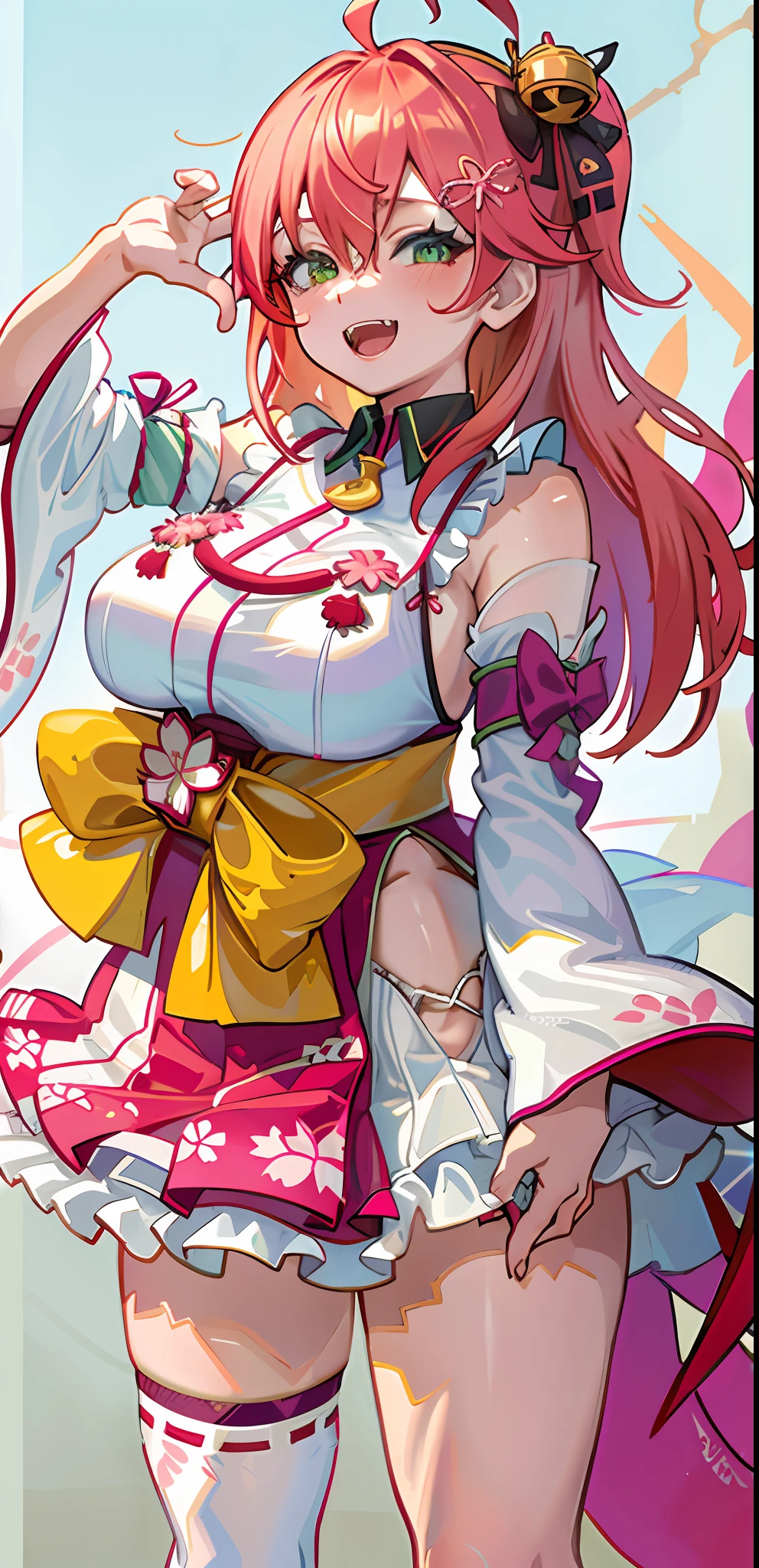 masterpiece, high quality, highres, absurdres, ultra-detailed, detailed eyes, 8k, ti-emb_kobo-kanaeru, 1girl, colorful eyes, fangs, open mouth, bangs, colorful background, looking at viewer, vibrant, contrast, red hair, red hair, gradient hair, happy, graffiti wall background, water splash, close up, 2d, 1girl, solo, best quality, miko_jp, yellow bow, japenese clothes, pink hair, green eyes, ahoge, one side up, huge breasts, wide sleeves, thighhighs, floral print, hair bell, bridal garter, detached sleeves, hair ornament, smile, open mouth,