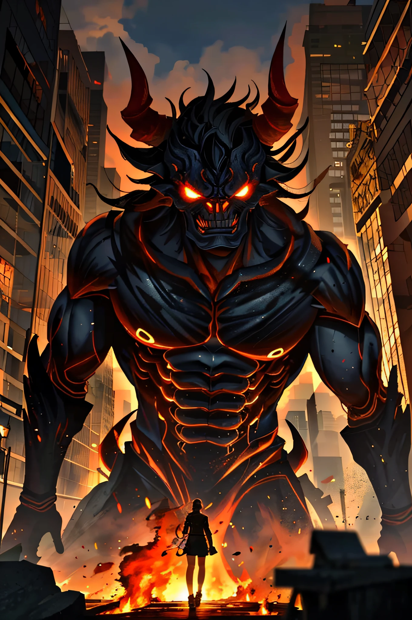Giant demons in the burning city of art with sexy, detailed faces, cinematic lighting