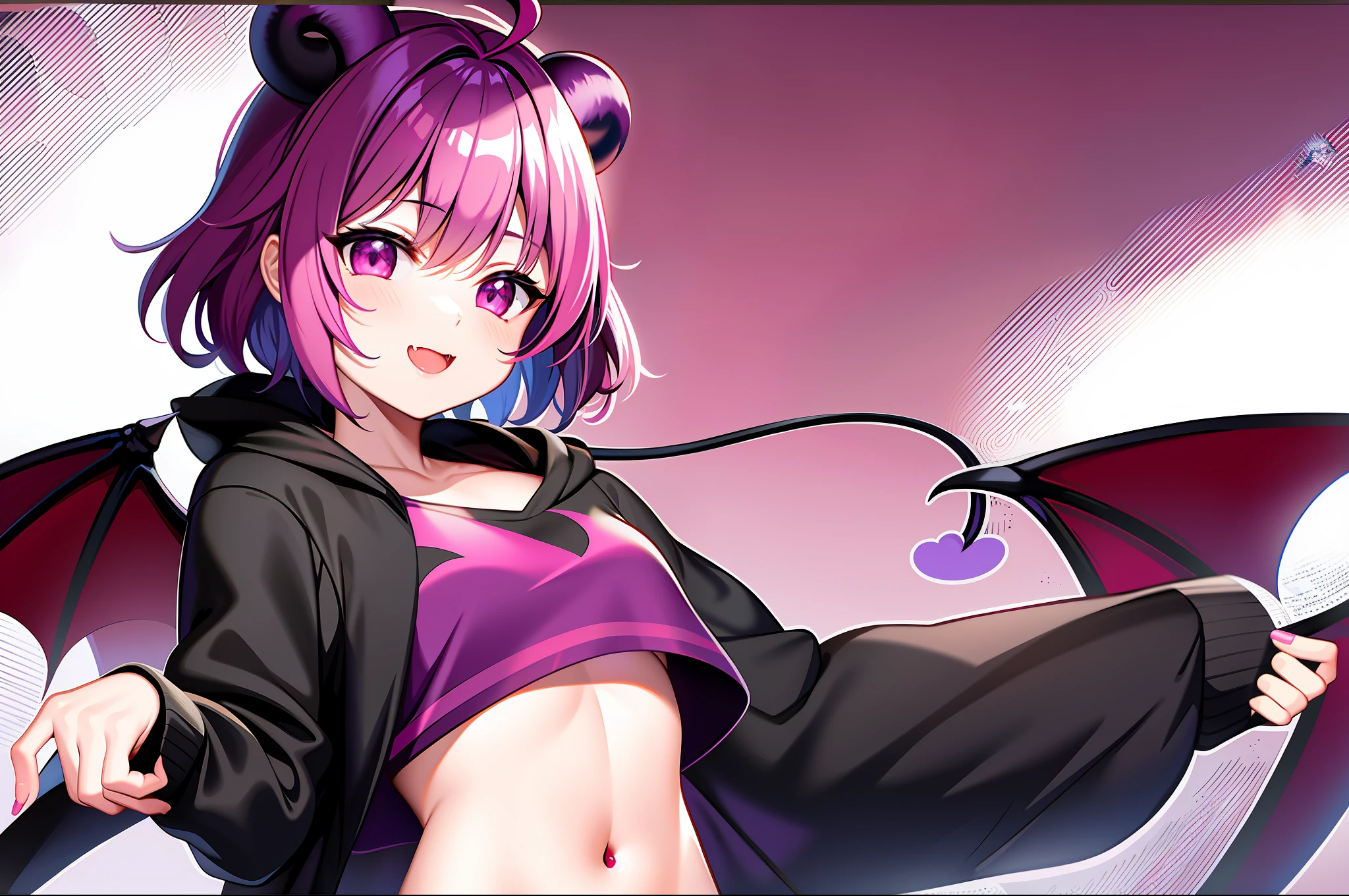 SFW, hires, absurdres, purple hair, short hair, wavy hair, fluffy hair, ahoge, devil horns, magenta eyes, pink eyes, pale skin, 1 fang, 1fang, fang, wings, demon wings, beauty mark, bear ears, kemonomimi, bear girl, demon girl, wavy bangs, bangs, 1girl, solo, alone, flat chest, small breasts, demon horns, baggy clothes, fully clothed, hoodie, covered chest