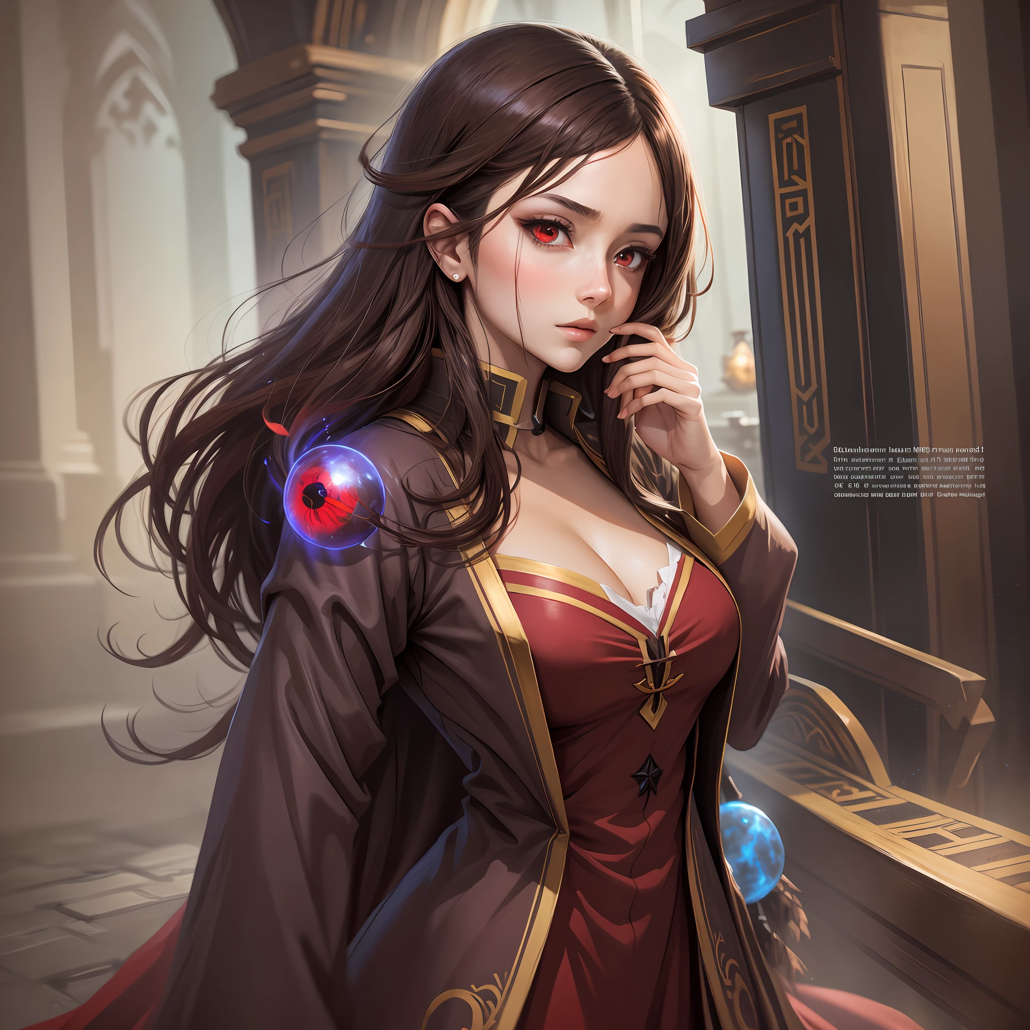 Beautiful woman tall mage with brown hair and red eyes