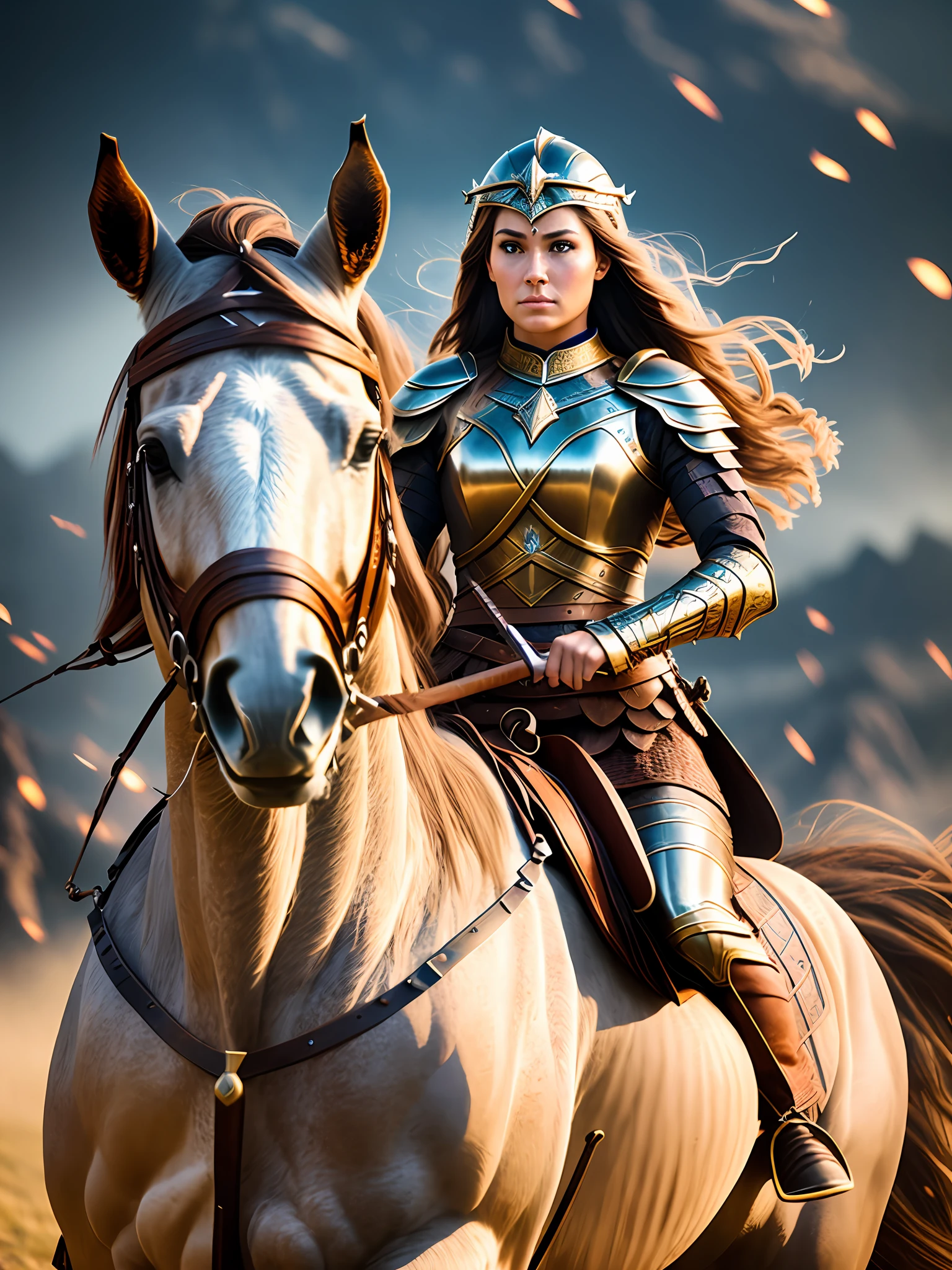 An epic photography of a Valkyrie warrior ona horse riding into the battlefield, intense action, cinematic rim light, intense action, dynamic juxtaposition, young warrior, very high quality face, exploitable image, long windy hair, stylized dynamic folds, very rustic and beautiful woman, full focus, tiltshift, ethereal, cinematic, movie still, cinematic lighting, photograph, detailed symmetric realistic face, extremely detailed natural texture, peach fuzz, long hair, masterpiece, absurdres, nikon d850 film stock photograph, kodak portra 400 camera f1.6 lens, extremely detailed, amazing, fine detail, hyper realistic lifelike texture, dramatic lighting, unrealengine, trending on artstation, cinestill 800 tungsten, looking at the viewer, photo realistic, RAW photo, TanvirTamim, high quality, highres, sharp focus, extremely detailed, cinematic lighting, 8k uhd,-imagine- --auto --s2