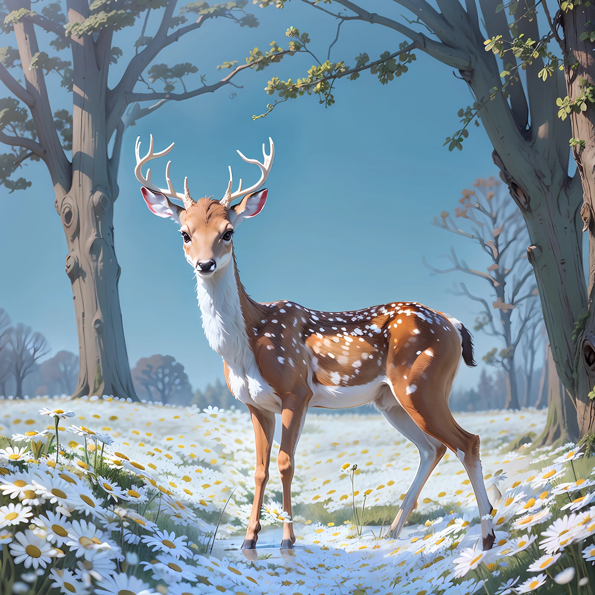 Skinny deer, miniature deer, small deer, swamp deer, American white-tailed deer, white-tailed deer, white-tailed deer, pronounced sexual dimorphism, young deer thirsty for lovemaking, walking among clover, clover field, field of daisies, walks among daisies, deer with eggs, male deer eggs, 0