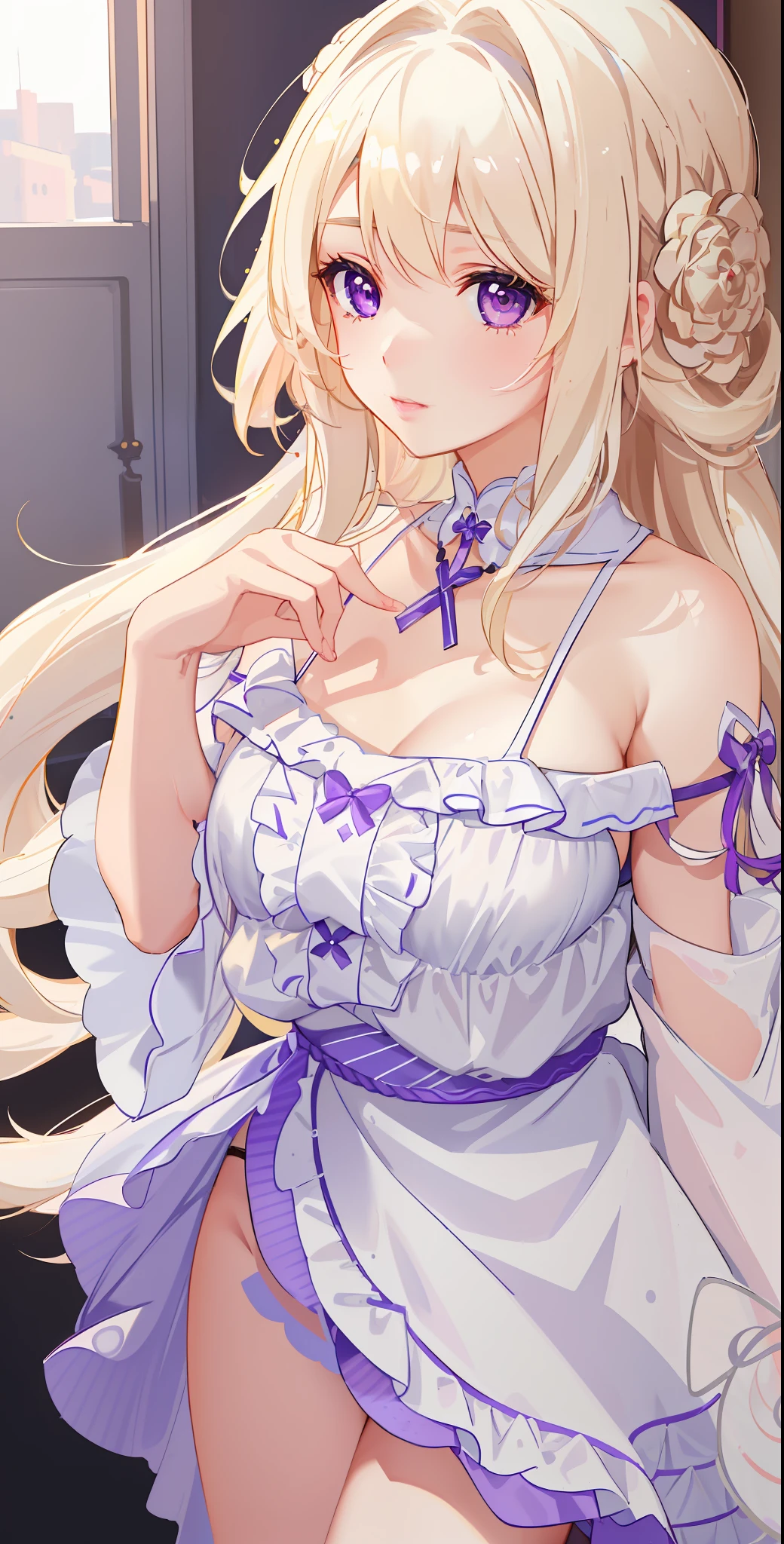 (descriptive: a cute girl, soft lighting, seductive pose, blond or white hair with colorful details), (masterpiece), (8k wallpaper CG UHD), (best artist), (best quality), (best luminosity), (best desinger), (best style), purple violet eyes