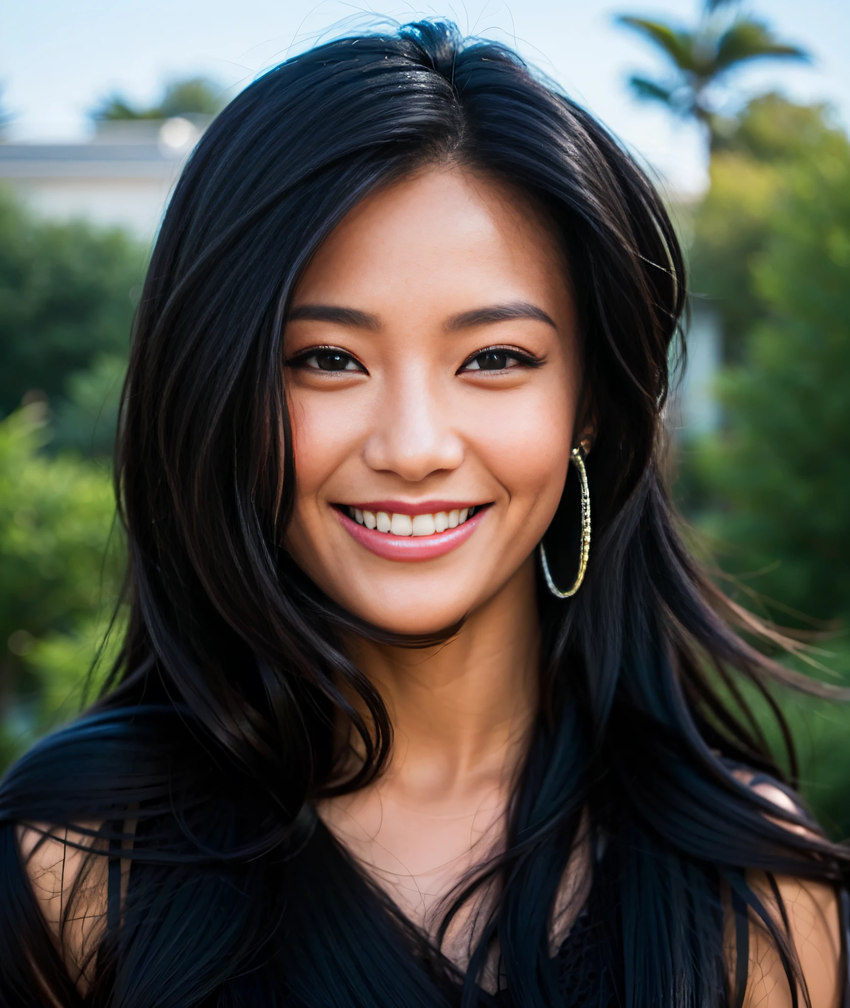 Beautiful black woman with long black hair wearing a black dress smiling for the camera, realistic