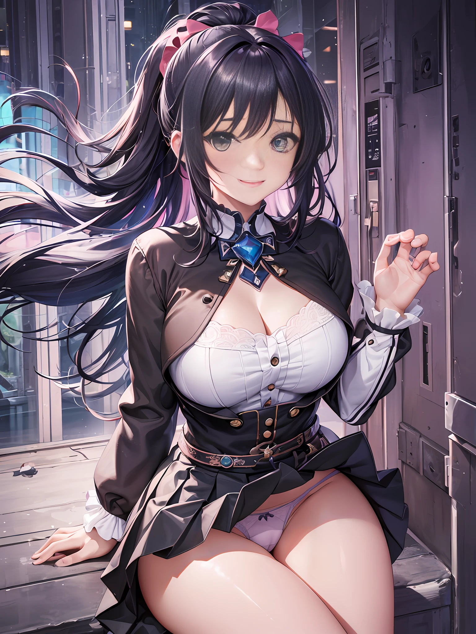 Masterpiece, Best Quality, Official Art, (Highly Detailed CG Unity 8k wallpaper), Detailed background, (Hands by Guido Daniele: 1.1), Feet out of frame, First Person POV, 1, Attractive and perfect beautiful woman, Schoolgirl, JK, schoolgirl uniform, spring, cherry, wind blowing, (((Show ass, butt sticks out, flipping skirt, panties visible, gaze from oblique down))), sitting, legs open, (curvaceous), (white thighs: 1.12), (blue long hair: 1.12), (ahoge: 1.13), (high ponytail: 1.12), (green eyes: 1.13), looking at the beholder, big, (cleavage), beautiful face, (blush: 1.11), (smile: 1.11)