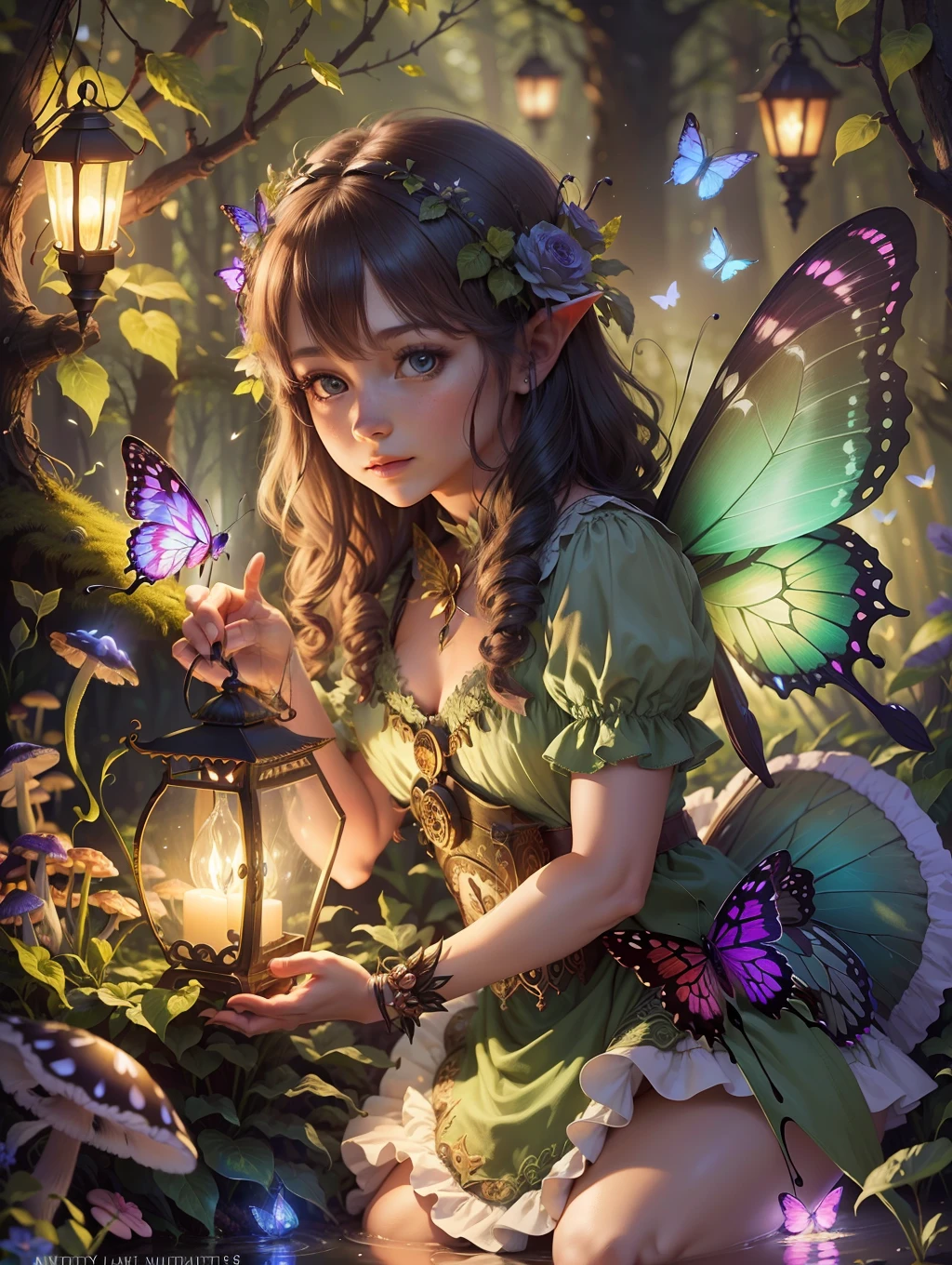 (fantasy, night, a fairy with butterfly wings and a lantern, enchanted forest, glowing mushrooms),8k,(artistic:1.2) --auto --s2
