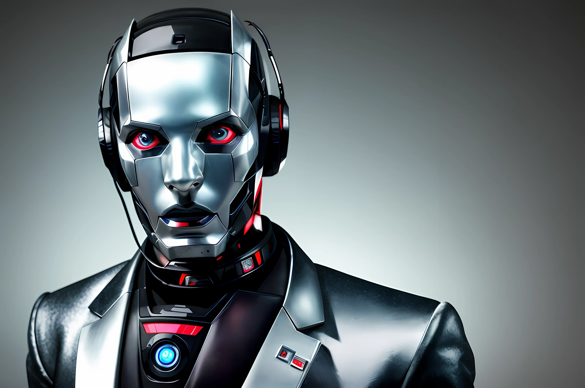 modelshot style, a portrait of robot man wearing announcer outfit, with friendly face
