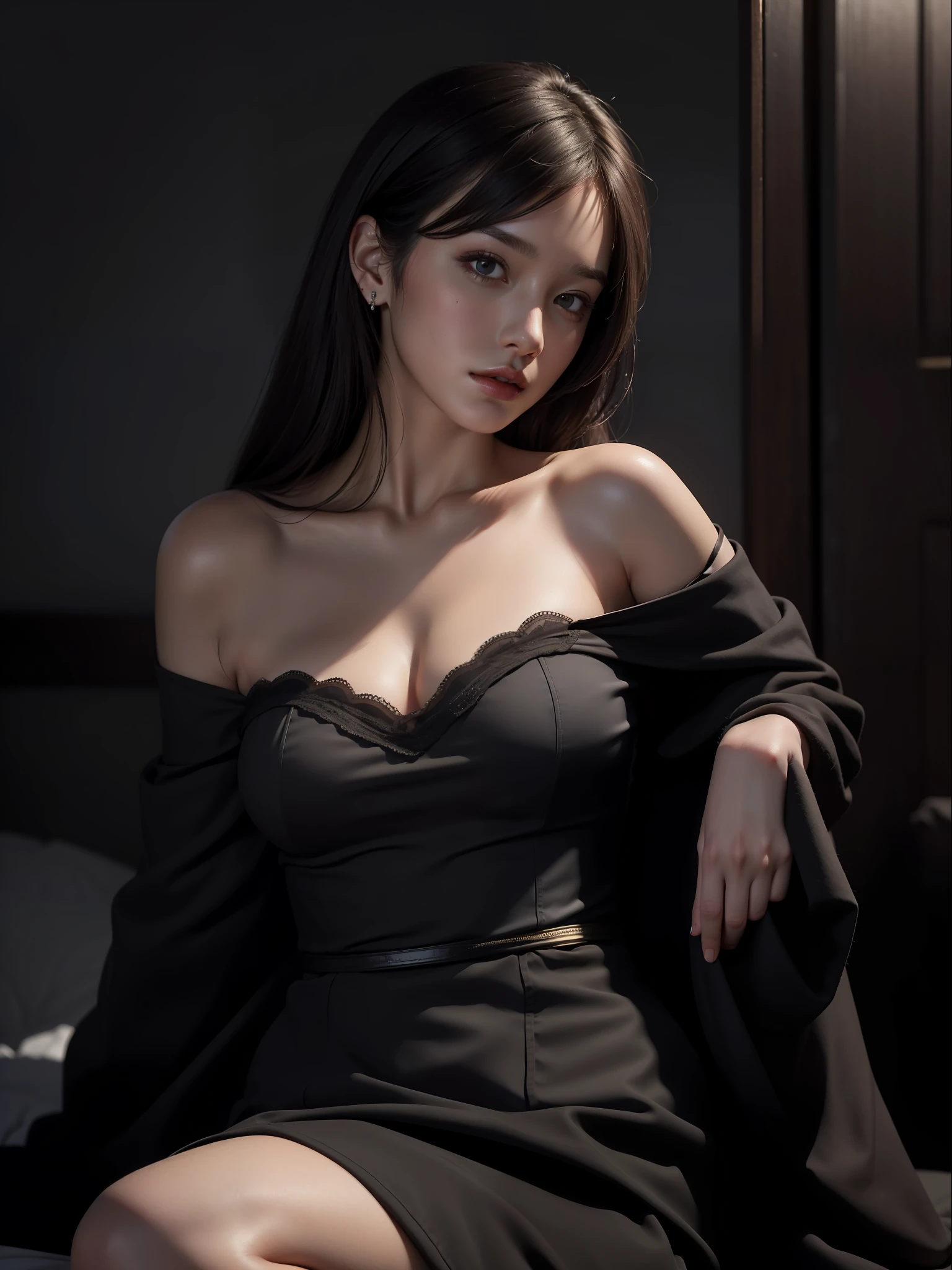 Best quality, masterpiece, ultra high res, (photorealistic:1.4), raw photo, 1girl, offshoulder, in the dark, deep shadow