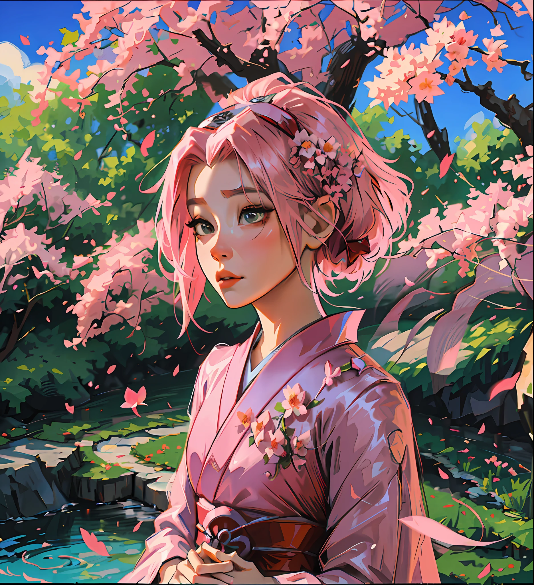 Sakura haruno, IN A GARDEN, WEARING A KIMONO, Sakura's hair is pink and short, there is nothing on her head, no adornment, whole body, her body is thin and graceful, her outfit is red, the image is charming and spectacular and there is depth in the scene, it is exciting, she is delicate,