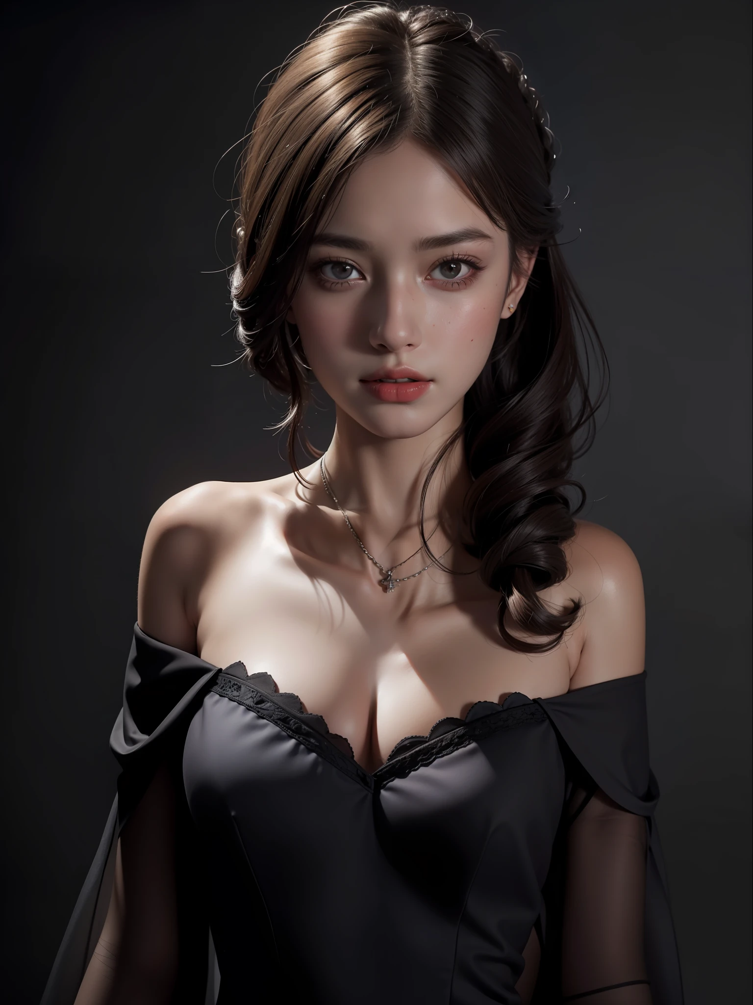 Best quality, masterpiece, ultra high res, (photorealistic:1.4), raw photo, 1girl, offshoulder, in the dark, deep shadow