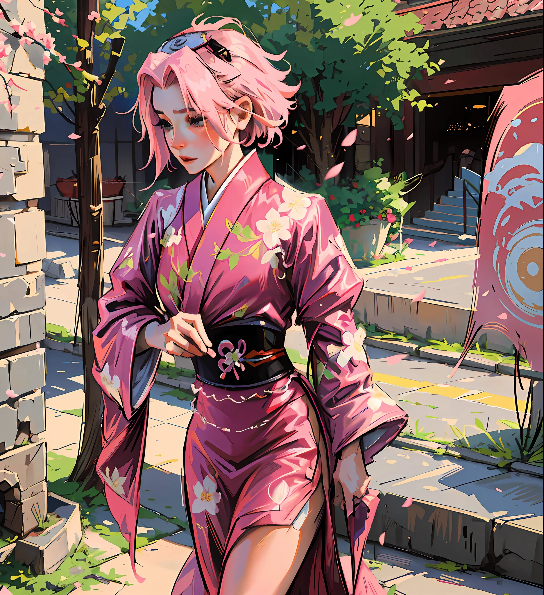 Sakura haruno, IN A GARDEN, WEARING A KIMONO, Sakura's hair is pink and short, there is nothing on her head, no adornment, whole body, her body is thin and graceful, her outfit is red, the image is charming and spectacular and there is depth in the scene, it is exciting, she is delicate,
