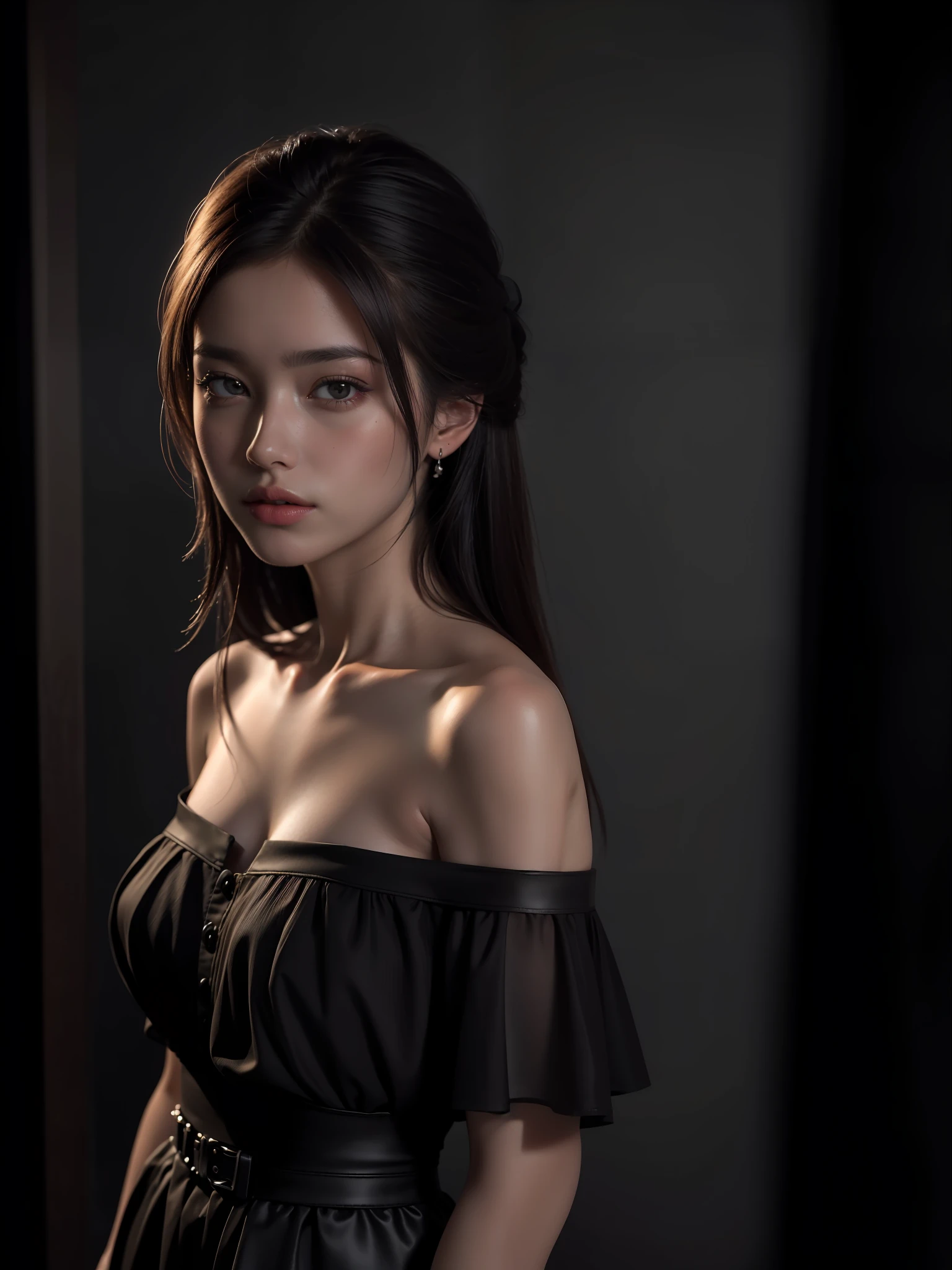 Best quality, masterpiece, ultra high res, (photorealistic:1.4), raw photo, 1girl, offshoulder, in the dark, deep shadow
