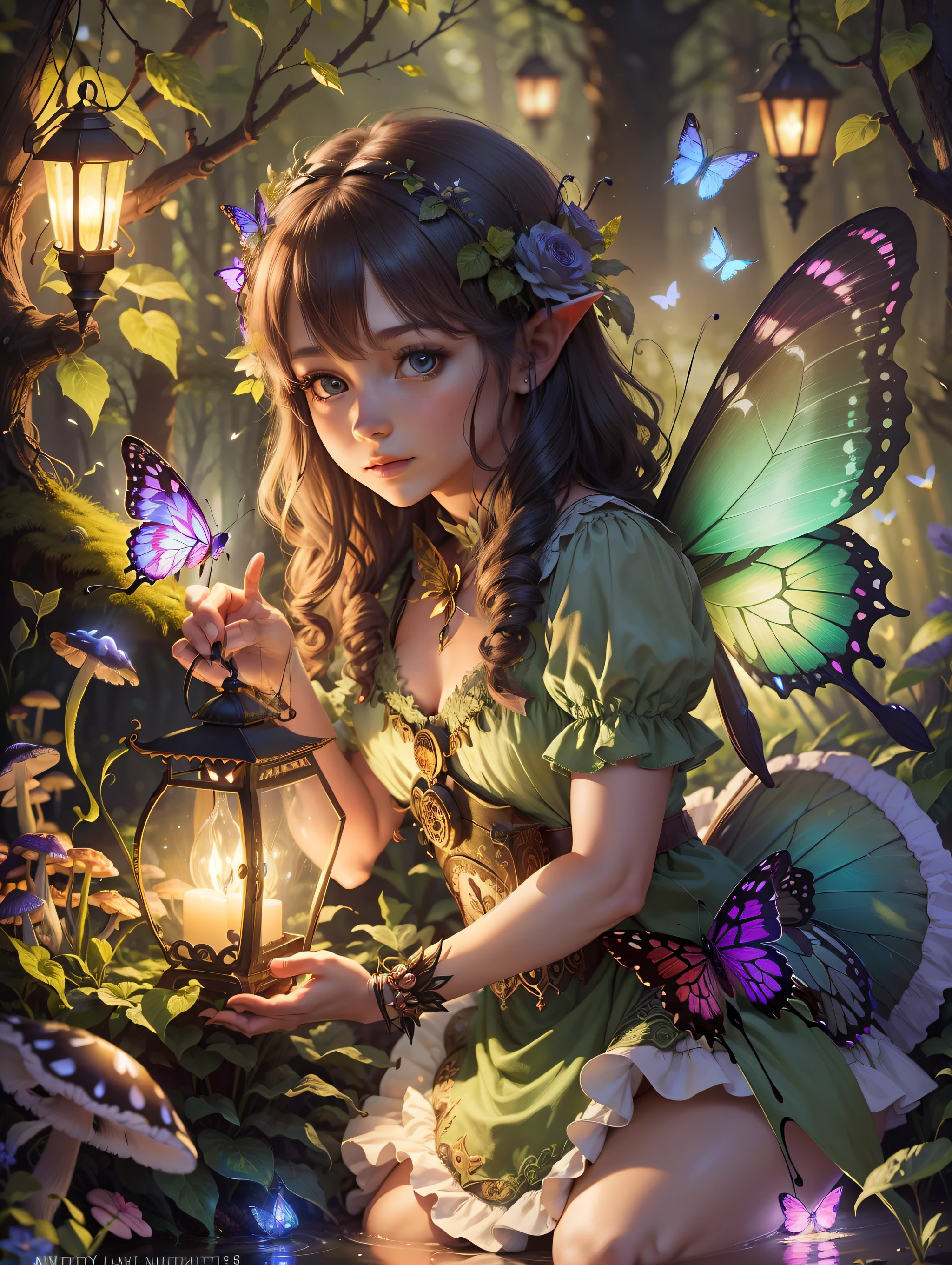 (fantasy, night, a fairy with butterfly wings and a lantern, enchanted forest, glowing mushrooms),8k,(artistic:1.2) --auto --s2