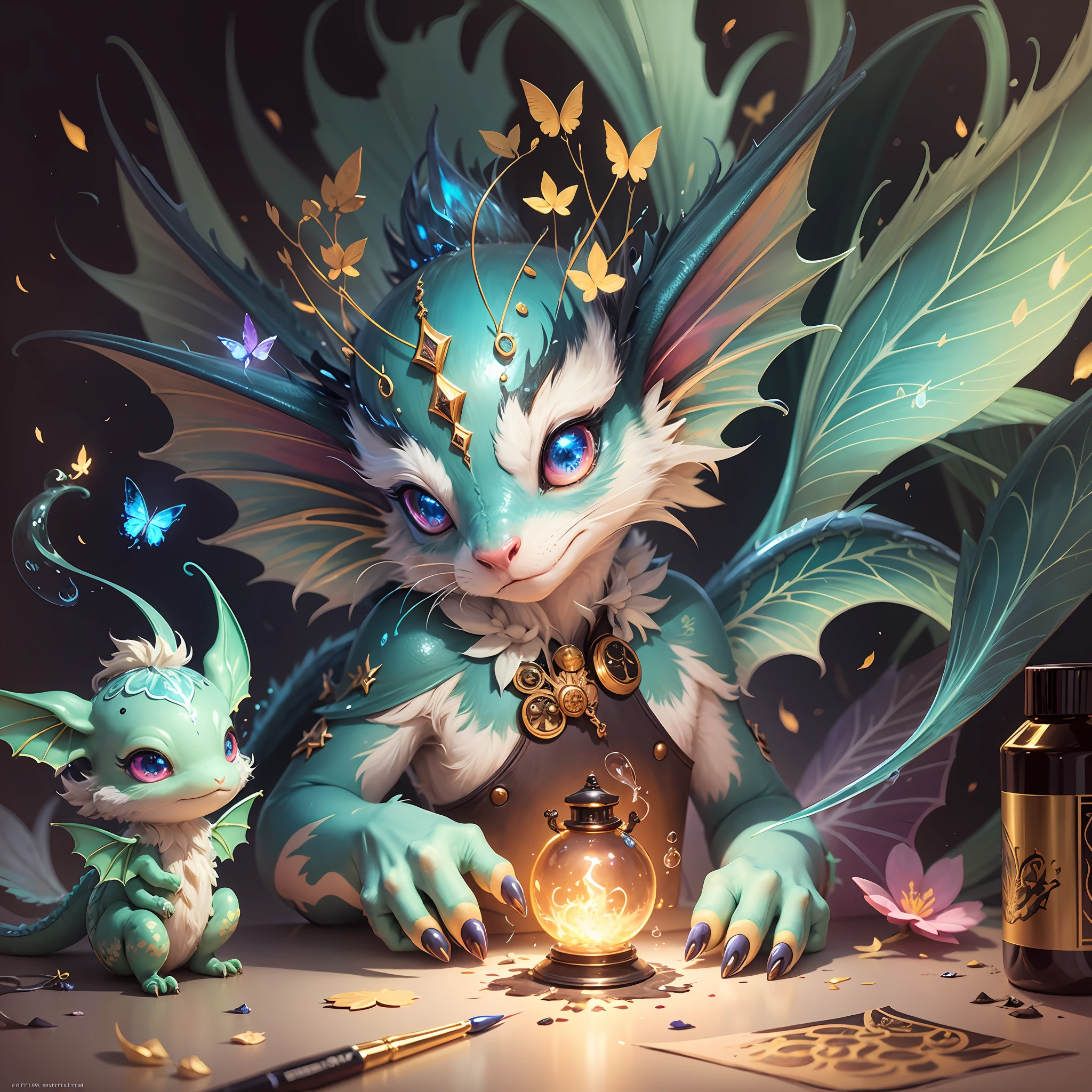 splash art, luminism, fantasy acrylic, digital painting, a close up little cute magic chibi fantasy dragon sleeping in bed leaves, flowers, butterflies, sparks, magic creature made of colors, , big reflective eyes, splash style of colorful paint, paint dripping, color waves, close portrait, color drops, fairytale, dynamic lighting, artstation, by Peter Mohrbacher , craola, WLOP, masterpiece, golden glowing, bubbles, transparent smoke, sunbeams --auto --s2