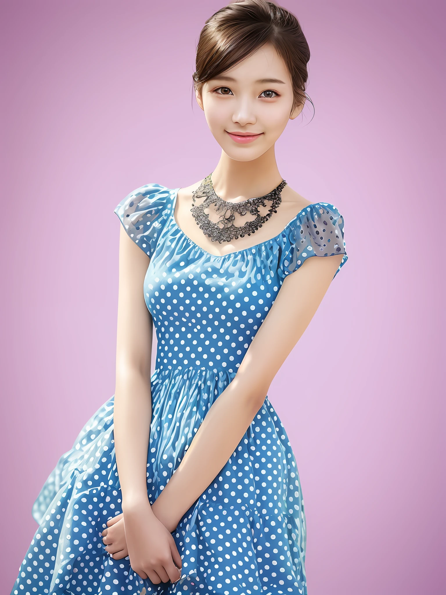 22 year old girl with perfect face and big breasts, right hand and hair, cute clothes, slim and slender busty physique. The skin has detailed and highly detailed eyes (1.1 emphasis), very detailed skin texture (1.1 emphasis). slender necklace, model photo style, photorealistic, skin texture is real human skin texture, detailed skin pores, intricate details, eyes are very detailed, polka dot dress, polka dots, polka dots colorful!!!、! dream polka dots, highly detailed polka dots, from the knee up, attractive sexy little bit, smiling, street
