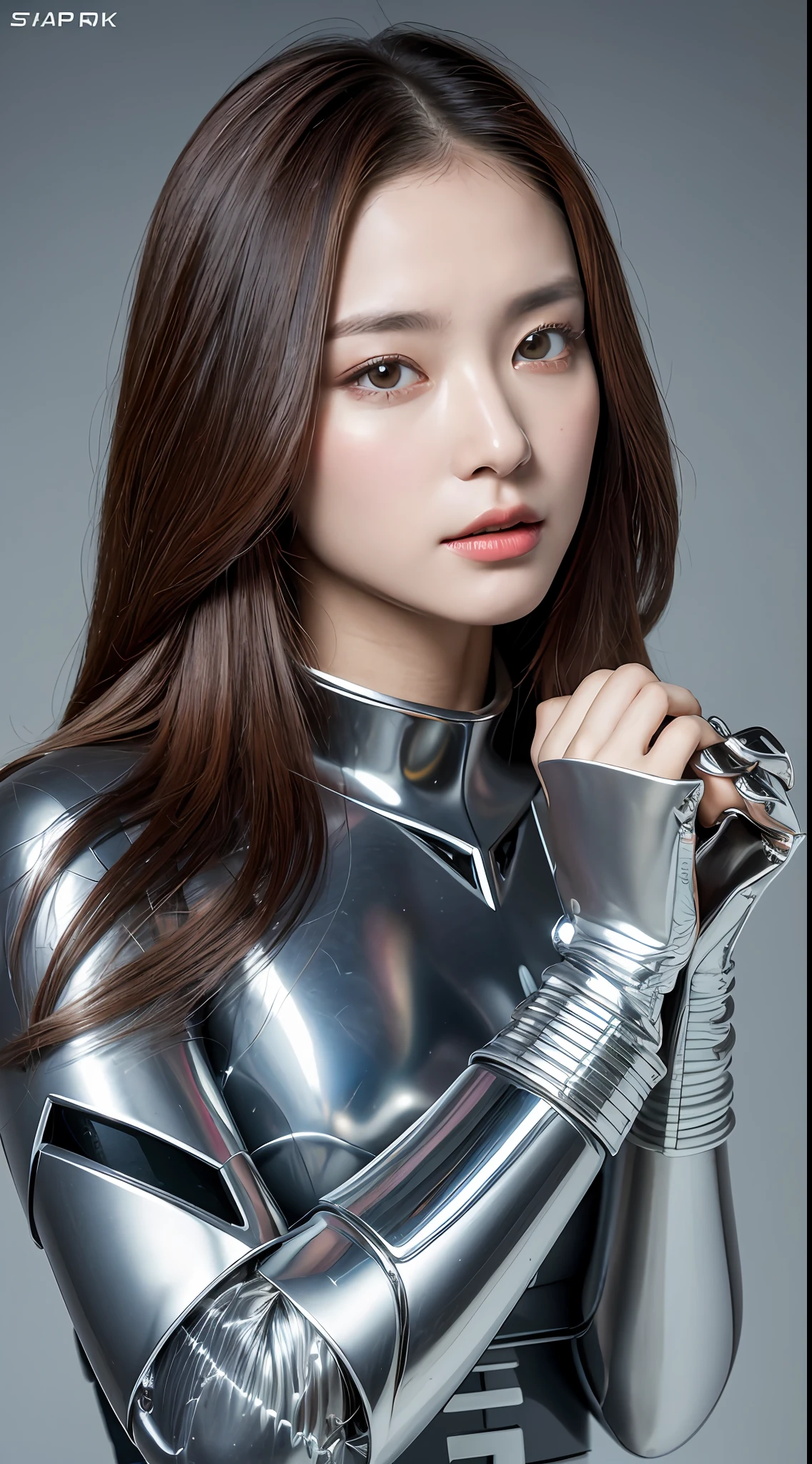 Top quality 8K ultra high definition work, masterpiece: 1.3, sharp focus: 1.2, one robot. The face is a human woman. The fuselage of the machine. 1 handcuff. Metal tube, ceramics, spine (natural colors, photo, 8K)
