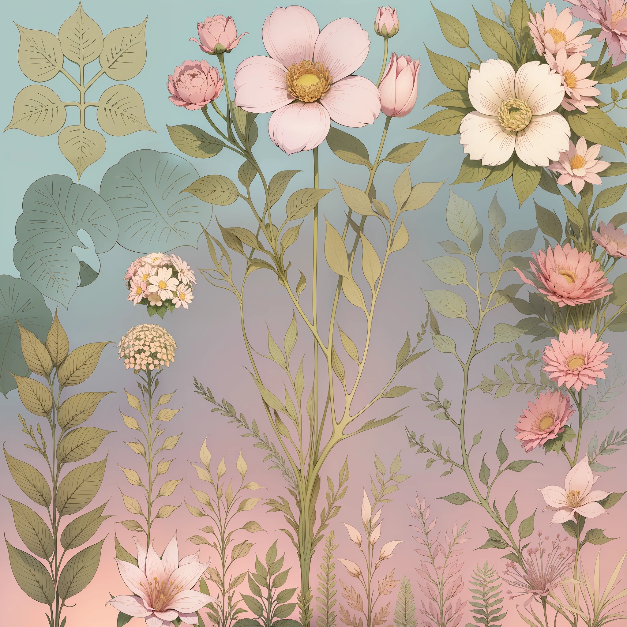 Set pattern of large flowers with plants and vines, defined shape, flat style, vector style, drawing style, naïve style, wallpaper style, in soft pastel colors such as old pink, pastel blue, light blue, beige, pastel violet, pastel yellow and white. No shadows in the images.