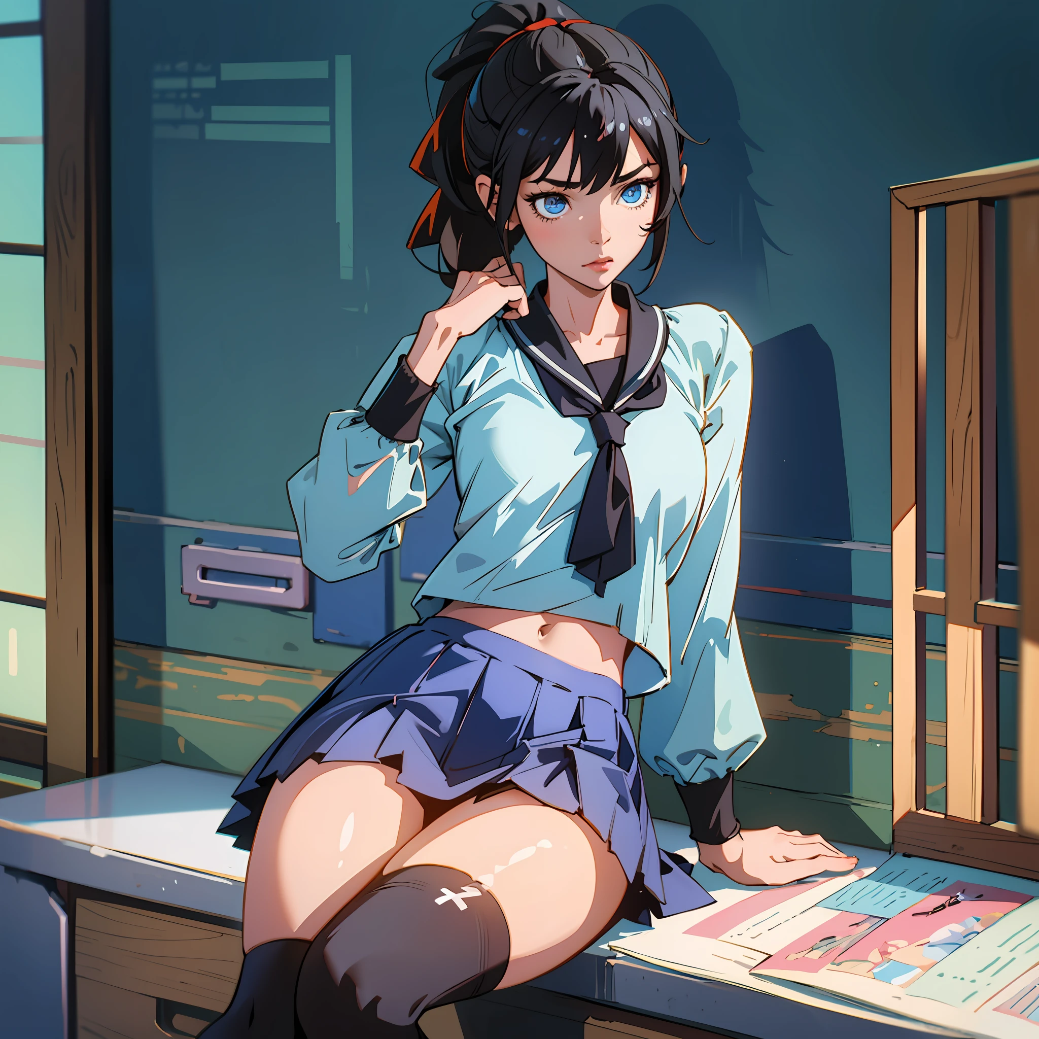 16k, UHD, Hyperrealistic, best quality, high detail, anime style, beautiful woman, school girl outfit, very short skirt, exposed stomach, high socks, black hair in a pony tail, blue eyes --auto --s2