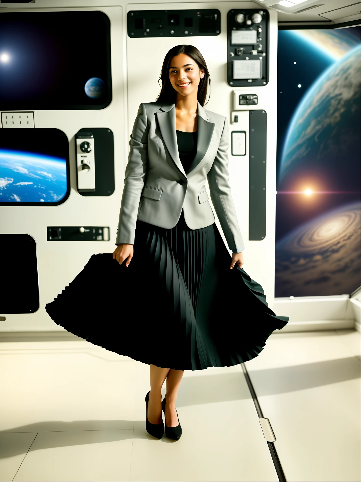 35mm f1.4 Kodak portra 400 photograph, extremely high quality RAW photograph, a therapist is playing with her skirt (in a flirting manner:1.3) on a space station, (shy) authentic (kind and tender) lesbian woman wearing a short blazer with a very very detailed (long (fully pleated) full circle skirt) and (simple) low heeled office shoes, very very intricate hyper-detailed symmetric (attractive graceful young feminine face) with (sad, tired) eyes and a (flirty smile:1.3), full of empathy and compassion and love, (pronounced feminine features:1,3), big boobs, large breasts, shirtless, topless, (highly detailed ultra accurate realistic) hands and fingers, ((windy conditions and wind blowing)), epic composition, highly detailed attributes, highly detailed atmosphere, detailed background, intricate, Exquisite details and textures, highly detailed, deep space station secret operations active background
