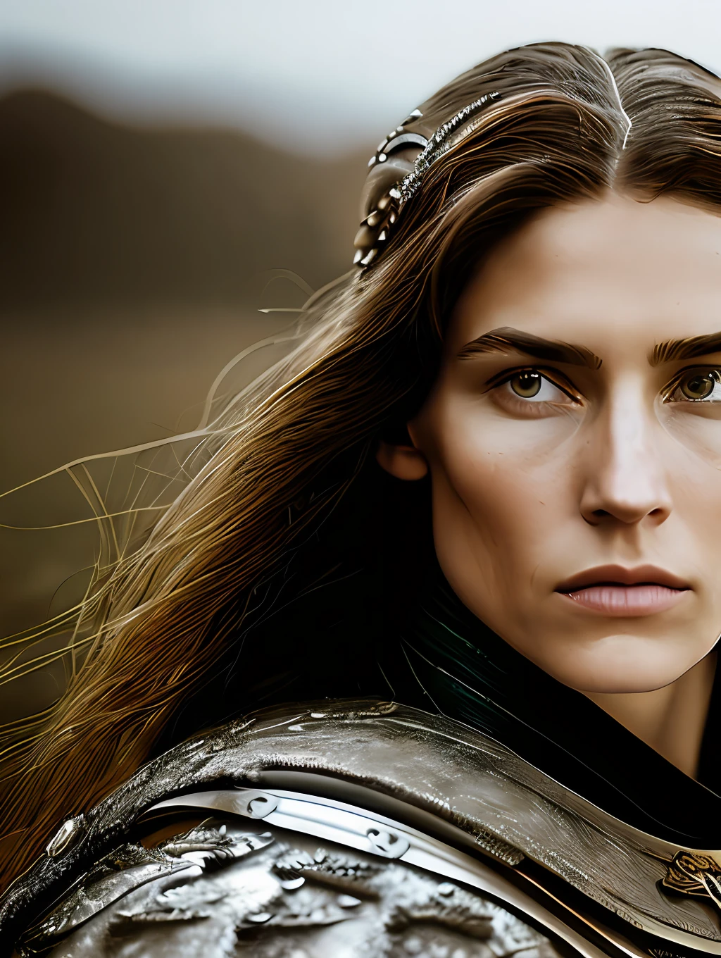An epic photography of a Valkyrie warrior ona horse riding into the battlefield, intense action, cinematic rim light, intense action, dynamic juxtaposition, young warrior, very high quality face, exploitable image, long windy hair, stylized dynamic folds, very rustic and beautiful woman, full focus, tiltshift, ethereal, cinematic, movie still, cinematic lighting, photograph, detailed symmetric realistic face, extremely detailed natural texture, peach fuzz, long hair, masterpiece, absurdres, nikon d850 film stock photograph, kodak portra 400 camera f1.6 lens, extremely detailed, amazing, fine detail, hyper realistic lifelike texture, dramatic lighting, unrealengine, trending on artstation, cinestill 800 tungsten, looking at the viewer, photo realistic, RAW photo, TanvirTamim, high quality, highres, sharp focus, extremely detailed, cinematic lighting, 8k uhd,-imagine-