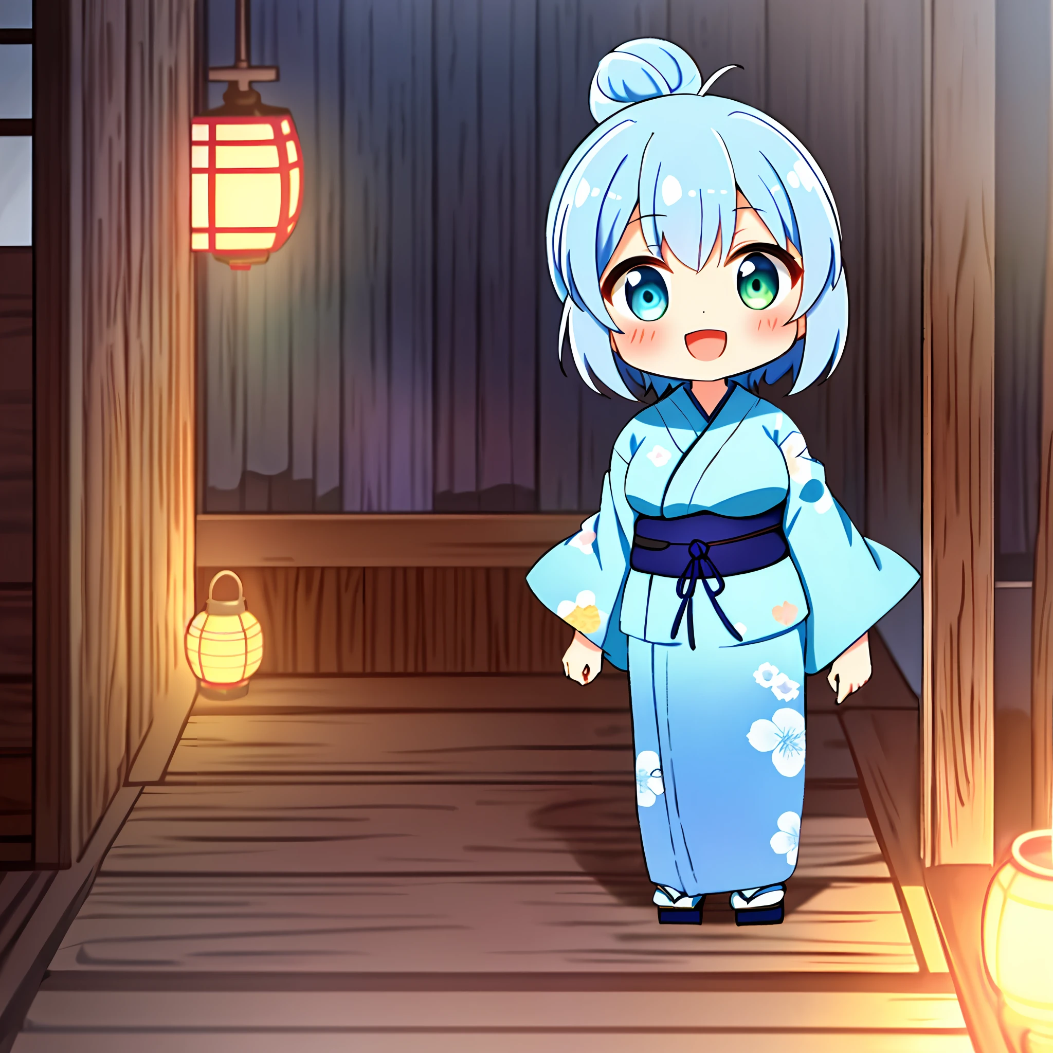 Hurray, "Kyoto Animation" style anime illustration, highest quality, (cute: 1.1), (cute), (high resolution: 1.2), incredibly ridiculous: 1.3, incredibly fine illustration, cute girl, (heterochromia, light blue eyes and light green eyes), solo, standing figure, happy, :d, masterpiece, highest quality, absurdity, high resolution, official art, (cute: 1.8), ((Chibi character: 1.5)), Solo, ((Light blue hair, bun hair, kanzashi)), Thin hair, 1 beautiful girl, (Kawaii: 1.8), Caregiver, Maid, (((long yukata, illustration of morning glory, indigo color, luxurious obi)), watch the viewer, Front, Princess eyes, big breasts, from the front, Japan festival, night shop, cute geta, deformed character, holding a goldfish drawstring,